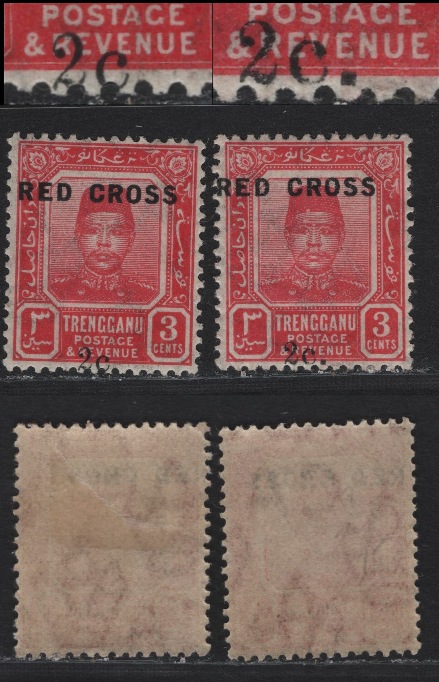 Lot 198 Malaya - Trengganu (C) SG#19var 3c+2c Carmien Red , 1917 Red Cross Surcharges, A VFOG Single, One Missing Stop After 2c & Another With Square Stop After 2c Instead of Round Stop, Neither Variety Is Listed Or Mentioned In Gibbons