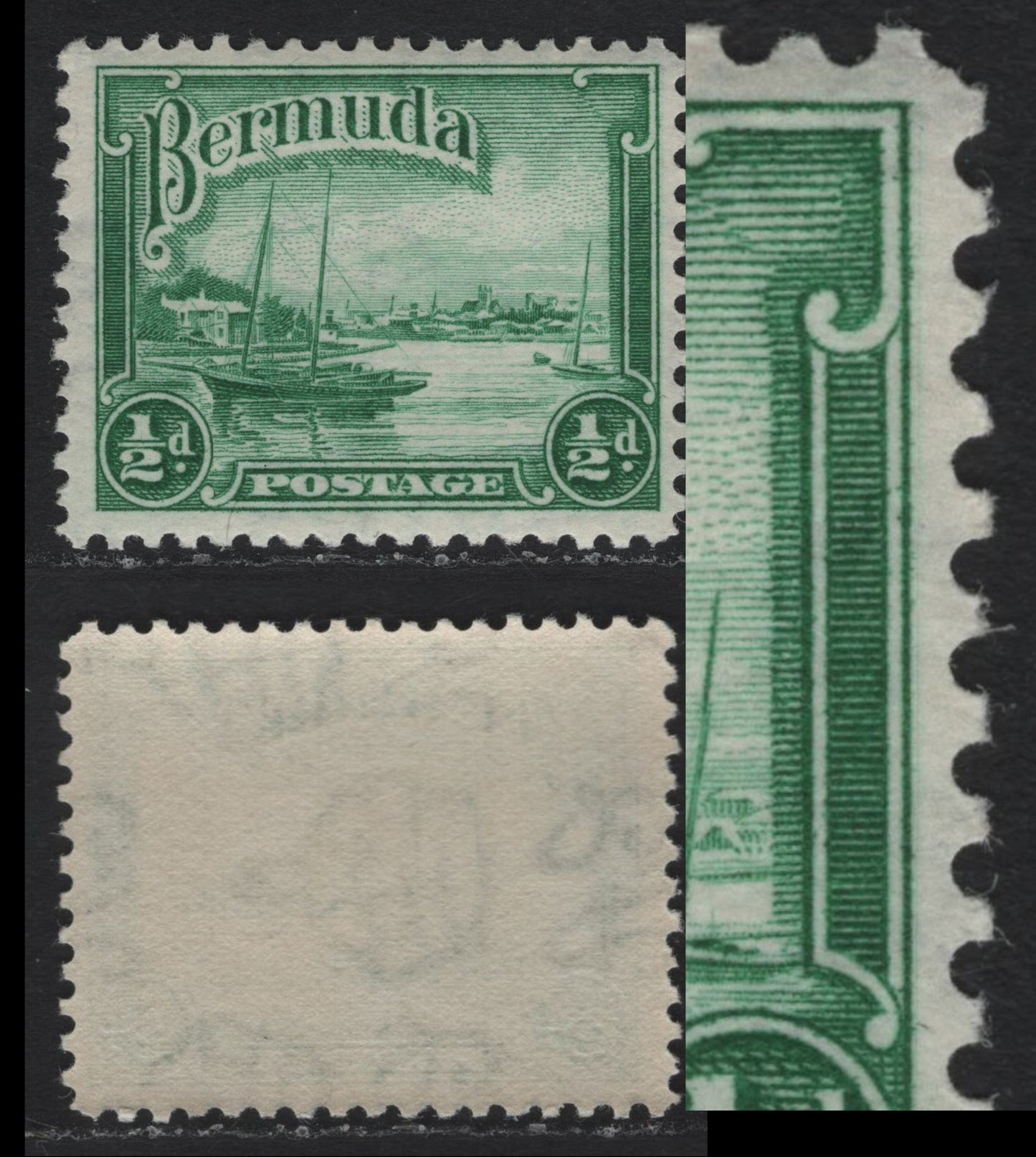 Lot 201 Bermuda SG#98 1/2d Deep Emerald Green , 1936-1952 KGVI Pictorial Issue, A VFNH Single, 1942, 1946 or 1948 Printing, Smooth Gum & Barely Visible Wmk, Showing Faint Extra Frameline At Right.