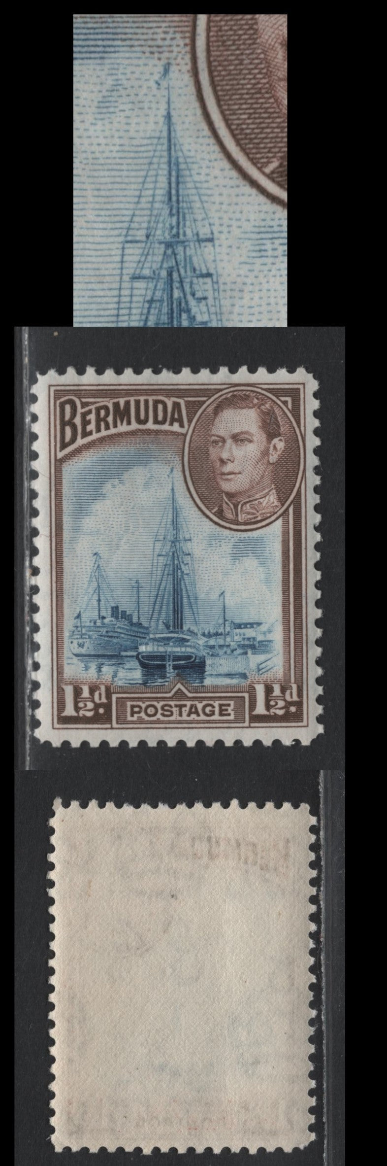 Lot 221 Bermuda SG#111avar 1.5d Dull Blue & Violet Brown , 1936-1952 KGVI Pictorial Issue, A VFNH Single, 1942-1943 Printing, Opaque Paper With Barely Visible Wmk, Crackly Gum, Line Perf, Showing Constant Plate Variety Of Mast Broken Below Flag.