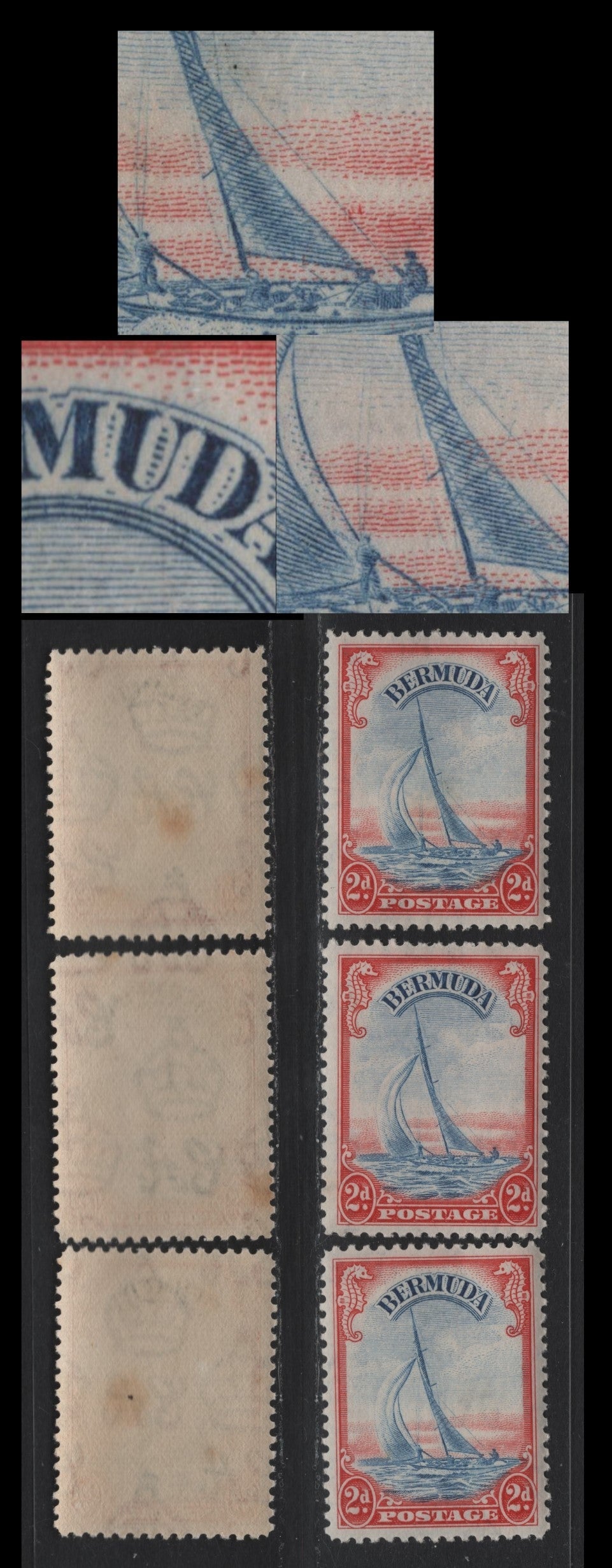 Lot 233 Bermuda SG#112avar 2d Deep Scarlet & Ultramarine , 1936-1952 KGVI Pictorial Issue, 3 VFNH Singles, 1946-48 Line Perf Printing, Translucent Paper With Barely Visible Wmk & Cream Crackly Gum, Potentially Constant Plate Varieties.
