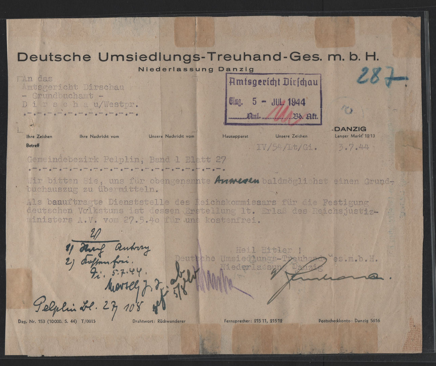 Lot 251 Germany SC#513 12pf Carmine Red Hitler, 1942 Hitler Head Issue, A Very Fine Used Letter Sheet, Locally Sent From Danzig To Dirschau, Tied By 500th Anniv Commemorative Cancel