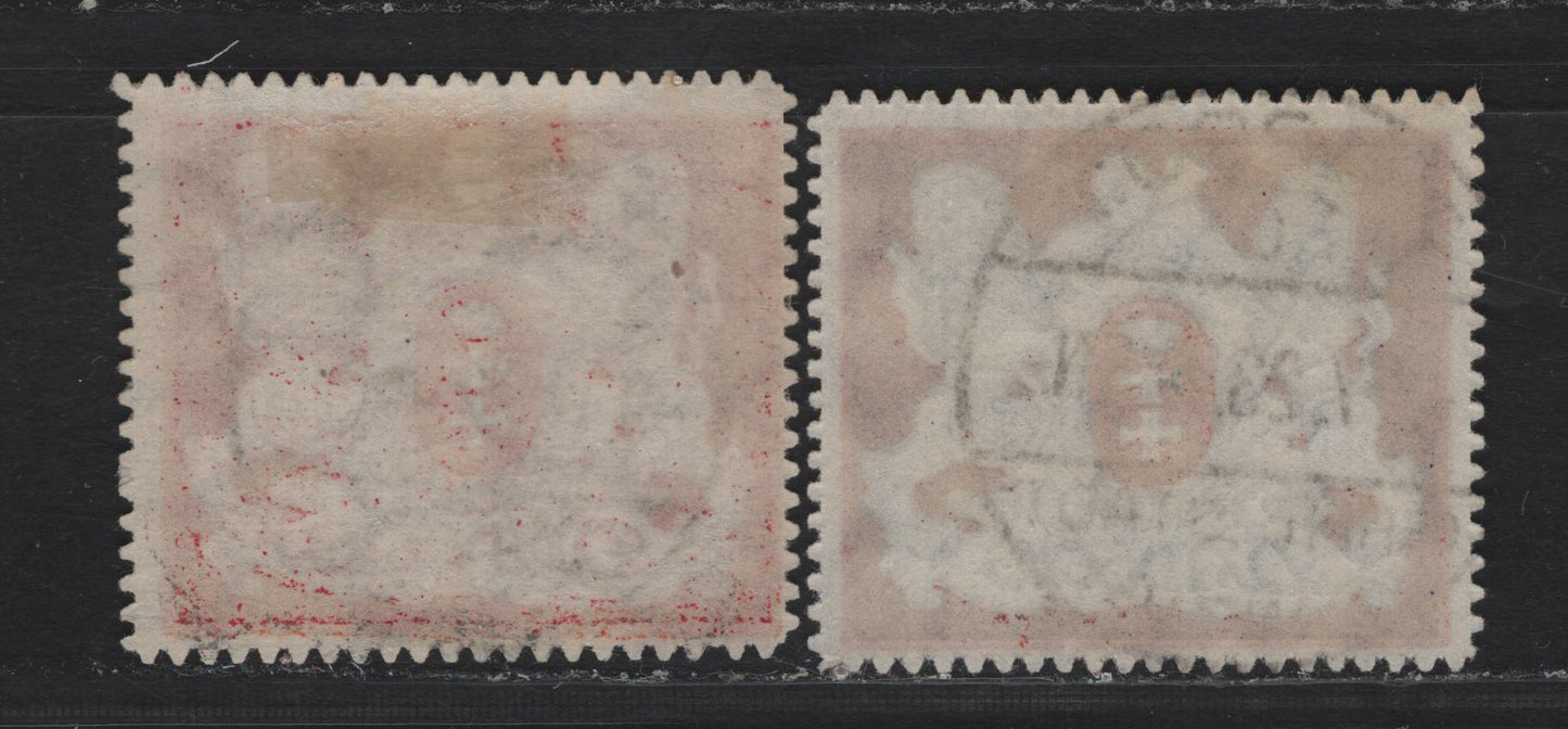 Lot 281 Danzig SC#78b, 79 (Michel# 88x, 99y) 9m - 10m Rose , Red & Orange - Ultramarine, Red & Black , 1921-1922 Arms Issue, 2 Fine/Very Fine Used Singles, Upright (10m) & Sideways (9m) Honeycomb Wmks