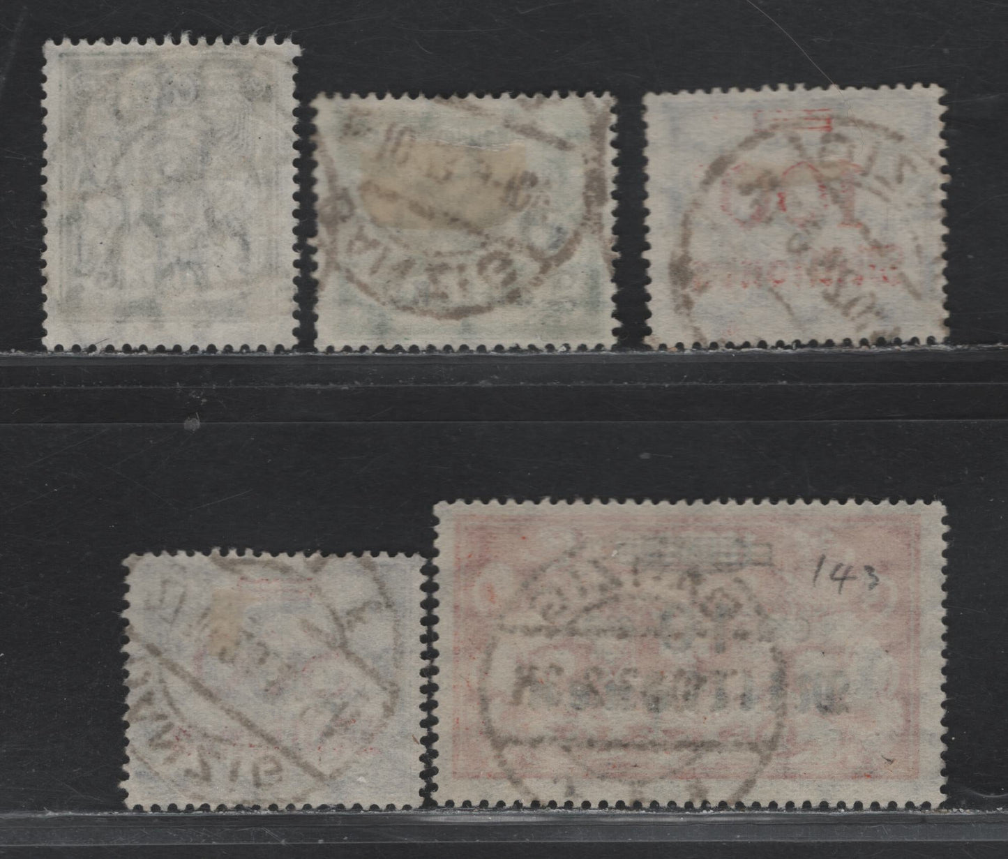 Lot 303 Danzig SC#140, 141, 143, 153, 155 (Michel #161-162, 168, 174, 176) 400th m On 100m - 500mil m On 10,000m Bronze Green - Grey Lilac Arms, 1923 Surcharges, 5 Fine & VF Used Singles 400th Is CTO, Others Are Postal Cancels