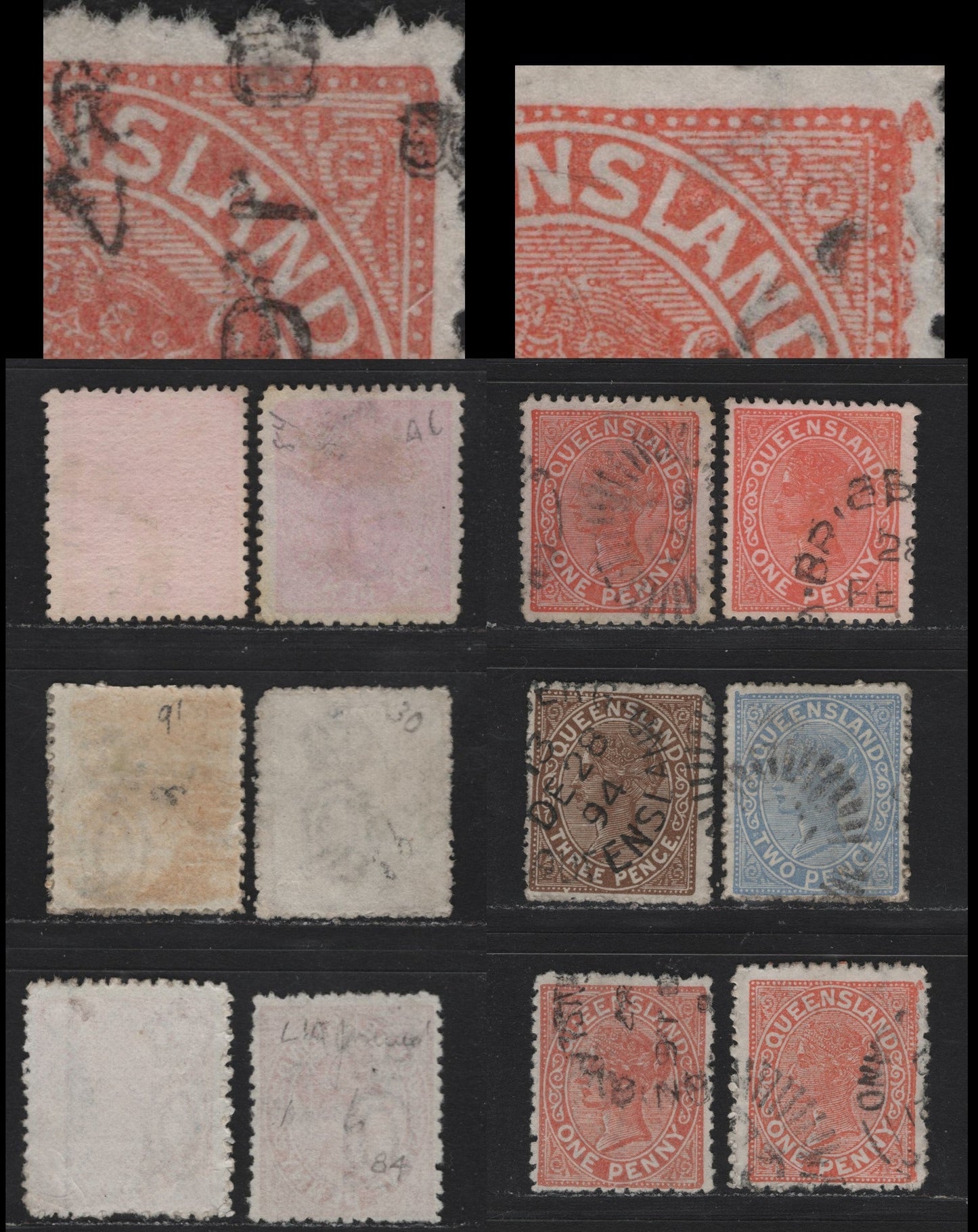 Lot 31 Australia - Queensland (C) SG#166/202 1d-3d Pale Vermilion Red - 3d Brown Queen Victoria, 1882-1895 Second Sideface Issue, 6 Fine & VF Used Singles Perf. 12, 12.5-13, Two Showing Unlisted "LA Joined" Varieties, Unlisted in Gibbons