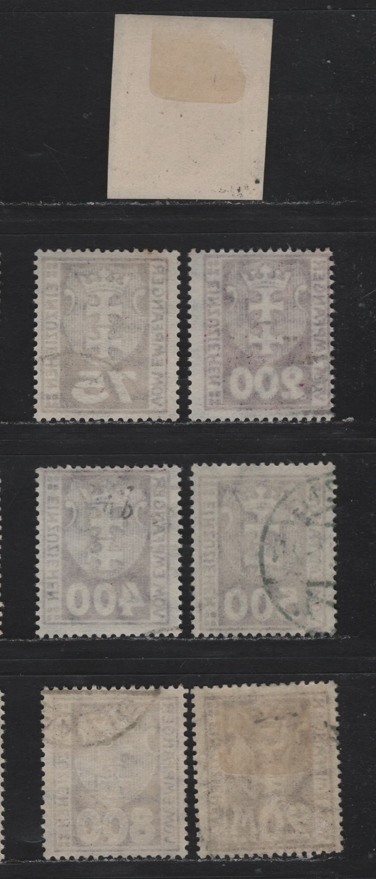 Lot 347 Danzig SC#J5-J6, J13-J14, J16, J17, J19a (Michel #5, 6a, 13b-14, 16y-17y, 18x) 75pf - 500pf Dark Violet Purple & Dark Brown Violet Arms, 1921-1923 Postage Due Issue, 7 Fine & VF Used Singles Wmk Honeycomb & Webbing, All CTO/Fake Cancels