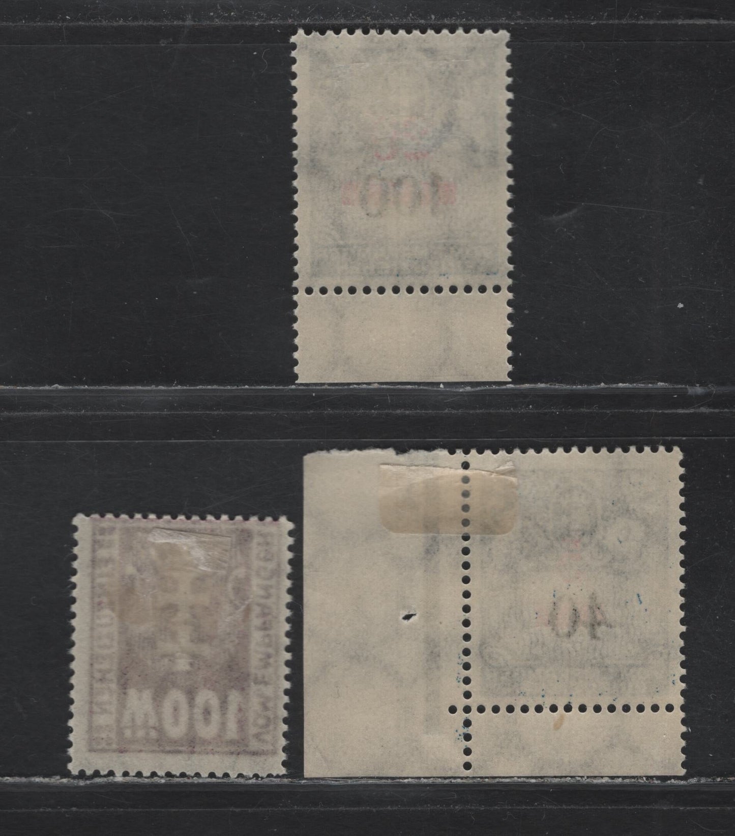 Lot 355 Danzig SC#J15, J40, J42 (Michel #15y, 40, 42) 100m - 20pf on 100 pf Dark Violet Purple - Blue, Black & Red Arms, 1923-1928 Postage Due Issue, 3 Fine & VFOG Singles 100m is Wmk Webbing