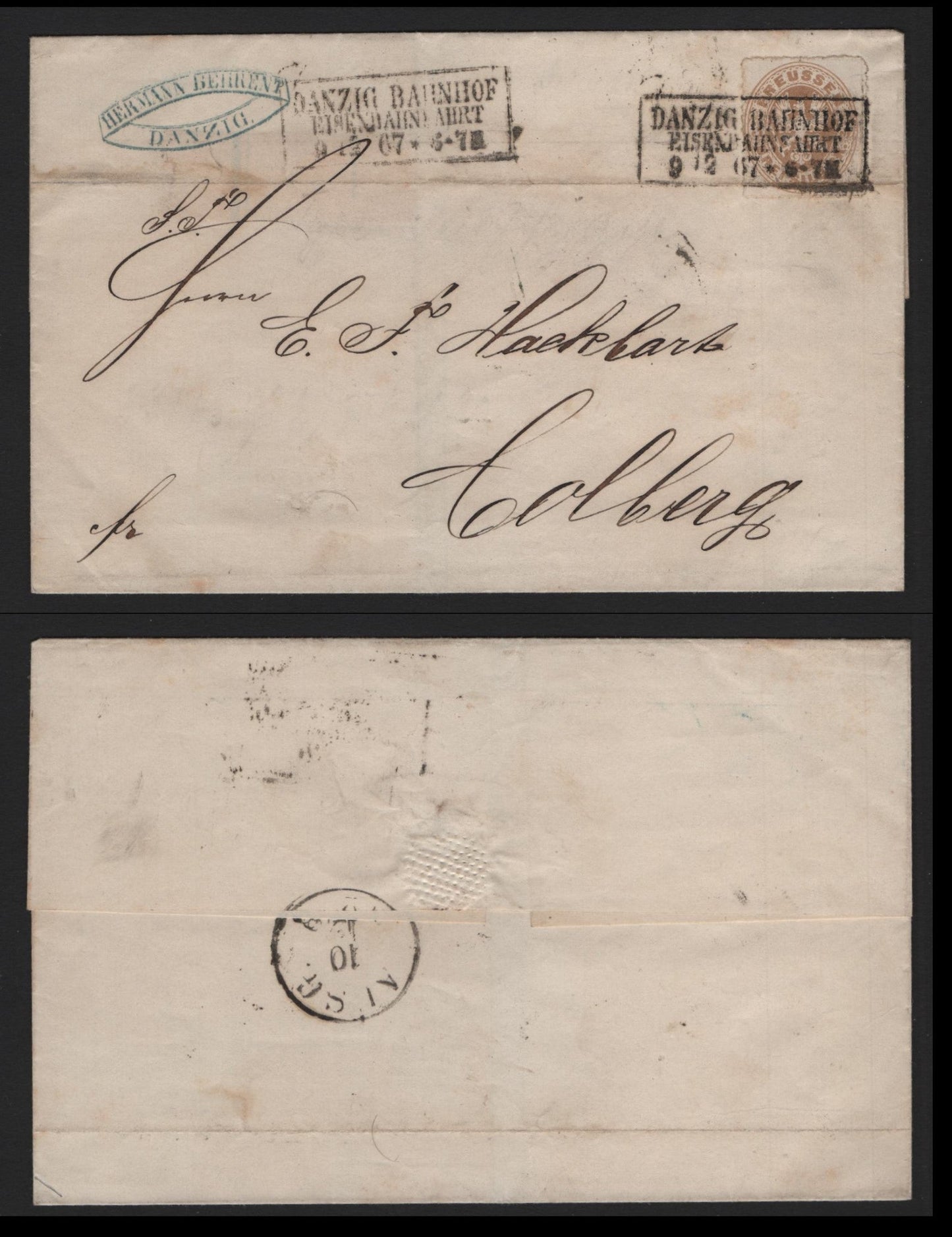 Lot 361 Prussia SC#20 3sgr Bistre, 1867 Pictorials, A Very Fine Used Cover, Sent From Danzig to Colberg