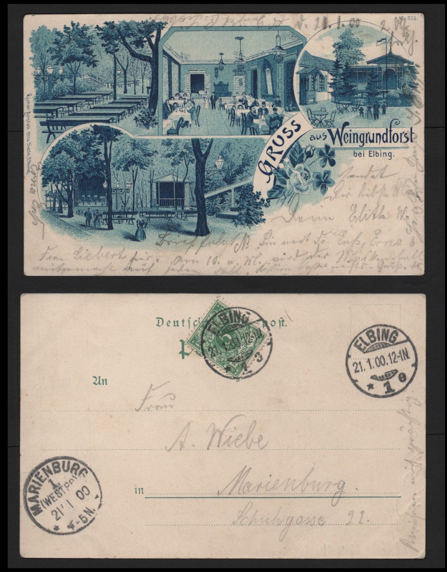 Lot 362 Germany Michel#46a 5pf Green, A Very Fine Used Postcard, Cobalt Private Mailing Danzig Postcard, Depicting "Grussaus' Weingrund Forst Bei Elving, Sent From Elbing To Marienburg, Weit Prussia On January 21 1900.