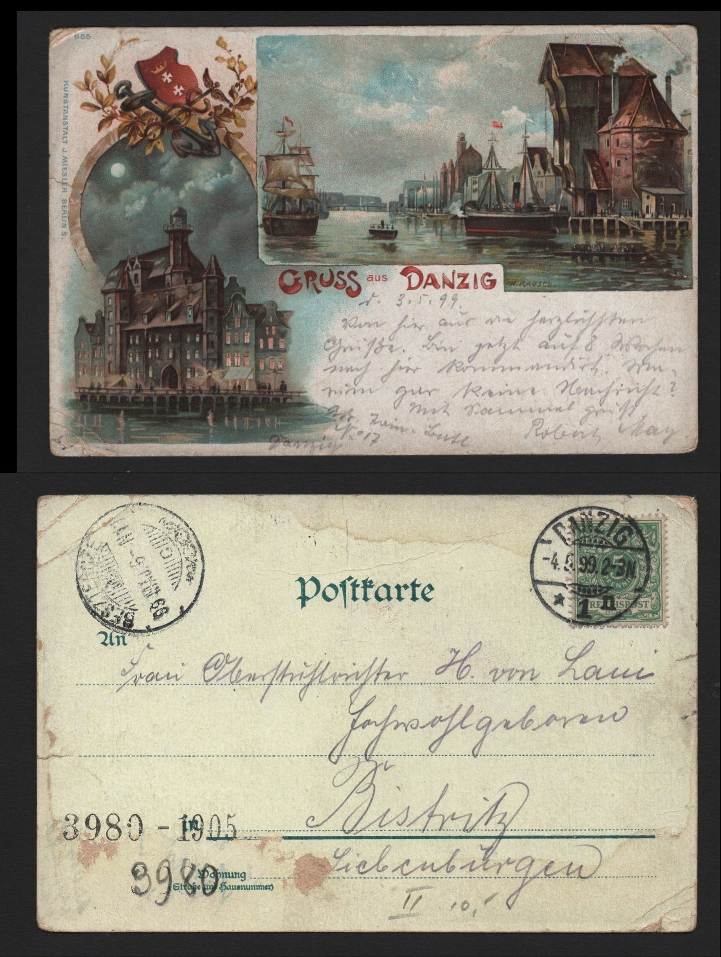 Lot 363 Germany Michel#46a 5pf Green, A Very Good Used Postcard, Color Private Mailing Postard, Depicting Gruss in Danzig, Sent To Germany, Several Corner Creases & Small Edge Tear, Cards FromThis Period Are Scarce.