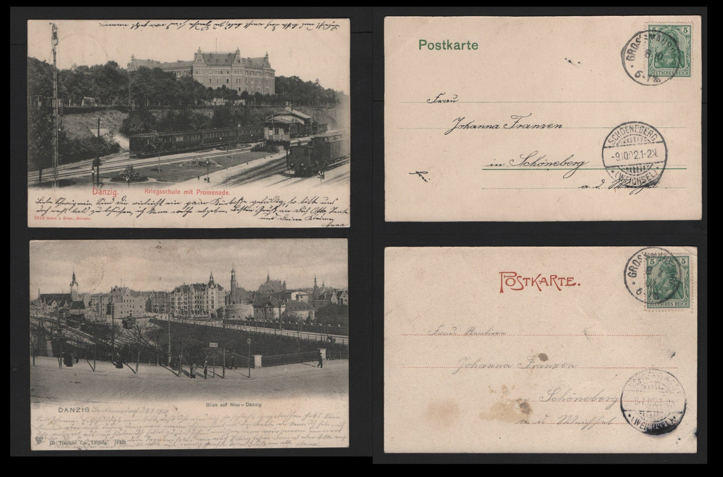 Lot 372 Germany Michel#70a-b 5pf Dark Green & Dark Opal Green, 2 Very Fine Used Black & White Postcards, Both Depicting Blickaufneu and Kriegsschule But Promenade