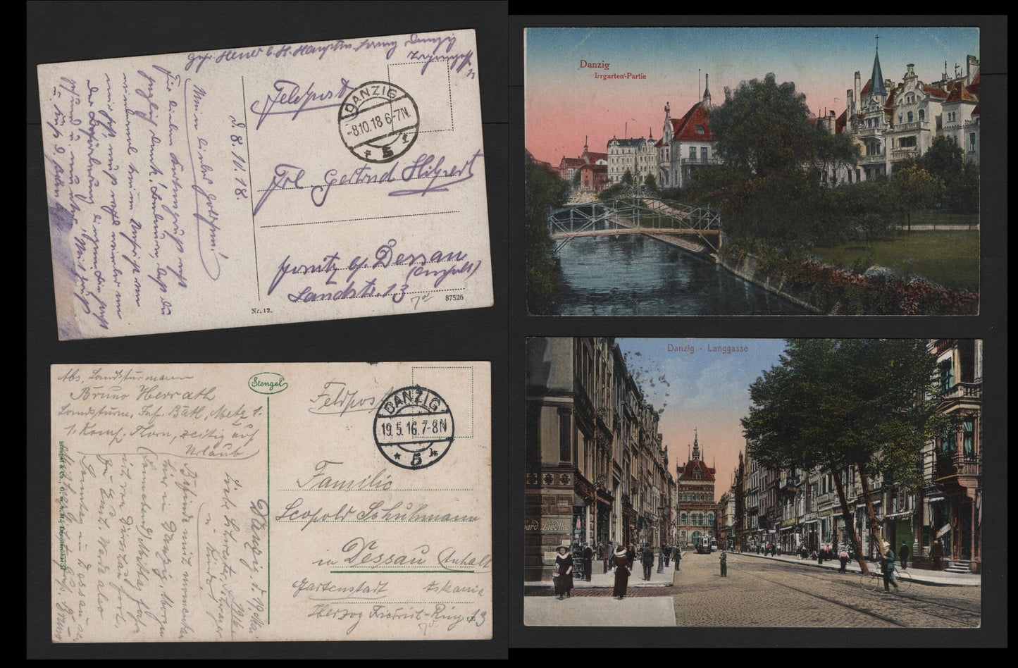 Lot 378 Danzig SC, 2 Very Fine Used Covers, Full Color Postcards, Sent From Danzig May 19, 1916 & October 8 1918, No Stamps, As They Are 'Feldpost' & Bear The Identifying Information of The Officer That Sent Them.