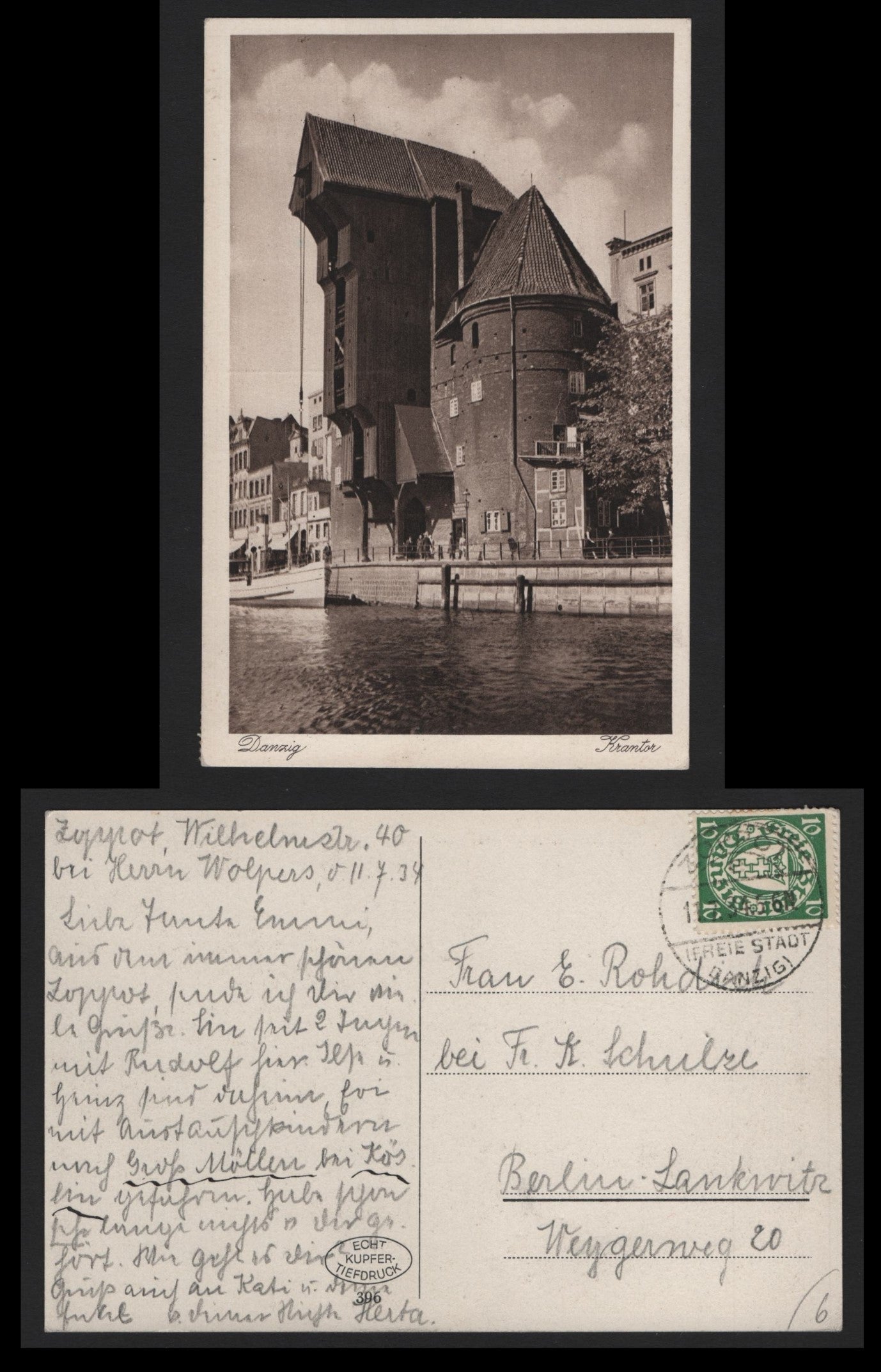 Lot 391 Danzig SC#170a 10pf Yellow Green, 1934 , A Very Fine Used Cover, Stamps On White Paper, Used on 1937 Postcard (Sepia), Free State Danzig Cancel, Card Depicts Krantor In Danzig.