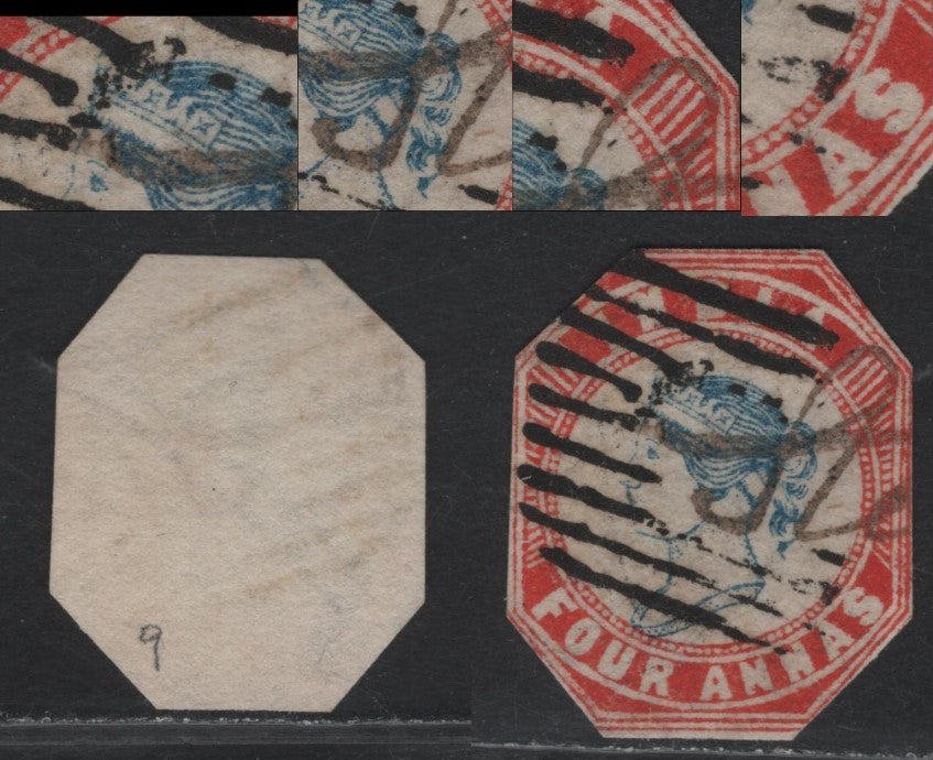 Lot 56B India (C) SG#22 4a Deep Blue & Deep Red , 1854-1855 Lithographed Queen Victoria Issue, An Ungraded Single, 4th or 5th Printing, Head Plate III, Frame Die II, Cut to Shape.