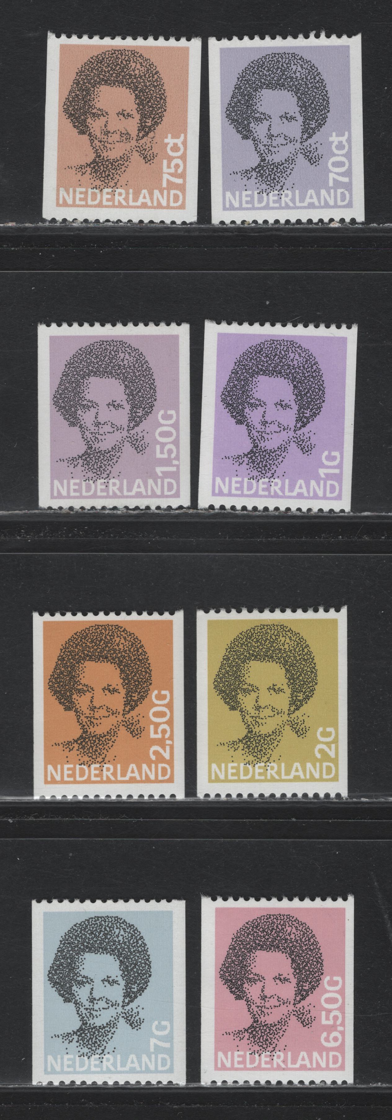 Lot 101 Netherlands SC#632-637, 697-699 70c - 7g Light Violet - Pale Blue , 1981-1990 Queen Beatrix Coil Issue, 9 F/VFNH Singles