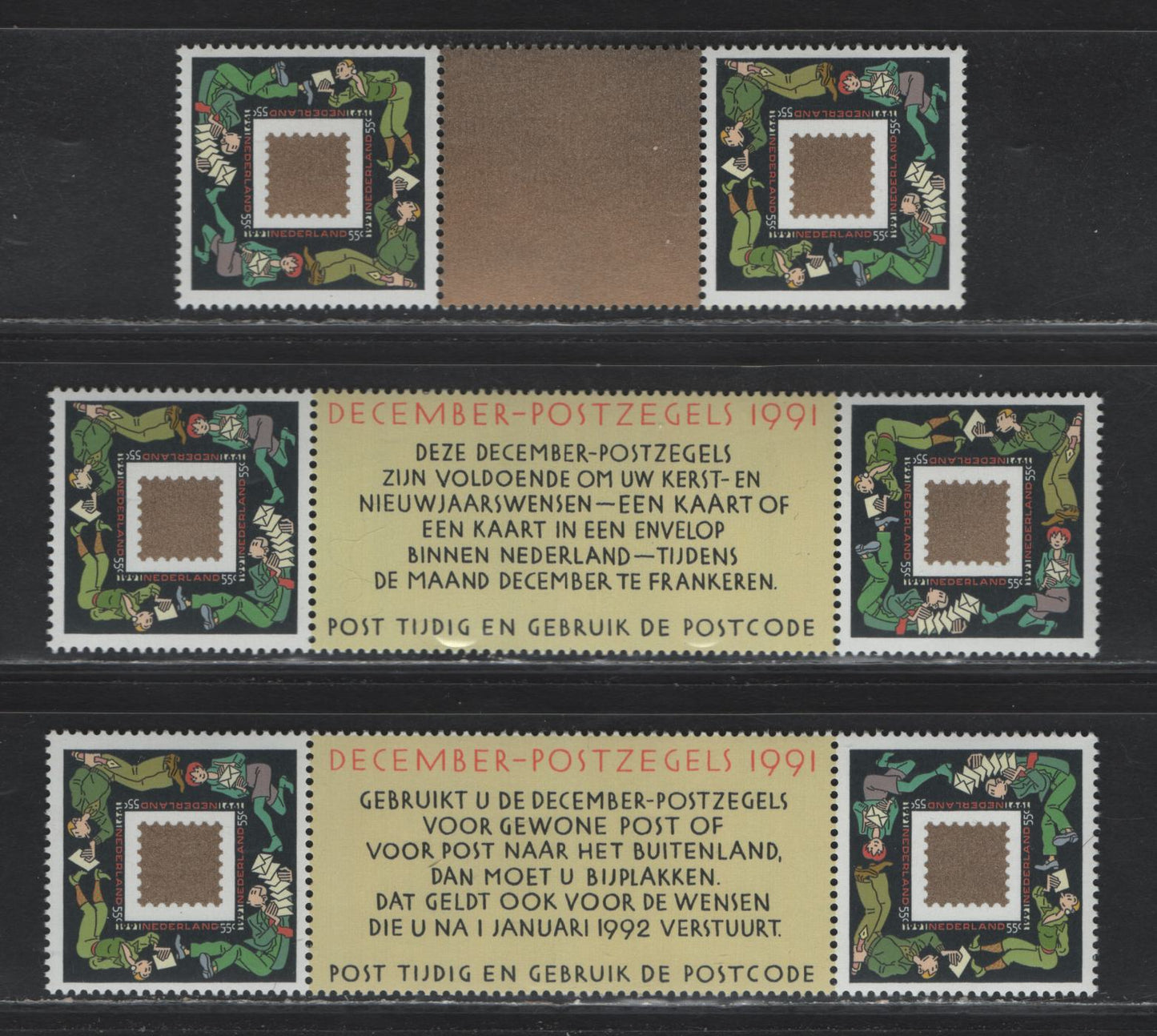 Lot 121 Netherlands SC#803 55c Multicolored , 1991 Commemorative Issue, 3 VFNH Label-Stamp Pairs, From The Center Of the Issued Sheets