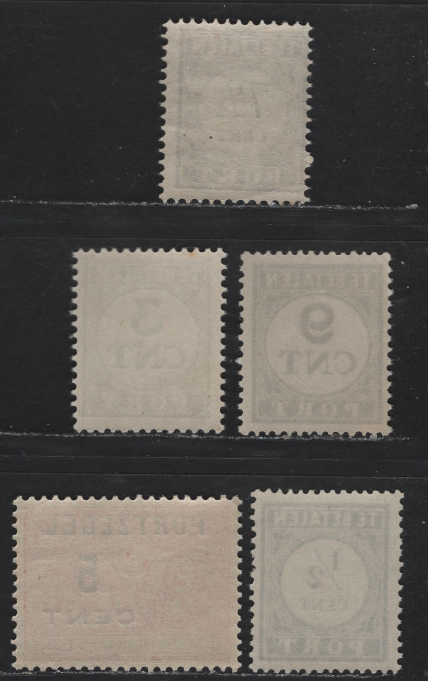 Lot 150 Netherlands SC#J33, J44, J54, J61, J66 (Michel# 51AII, 44E, 33, 69A, 74E) 5c on 2.5c - 9c Vermillion - Ultramarine , 1907-1938 Postage Dues, 5 F/VFNH Singles
