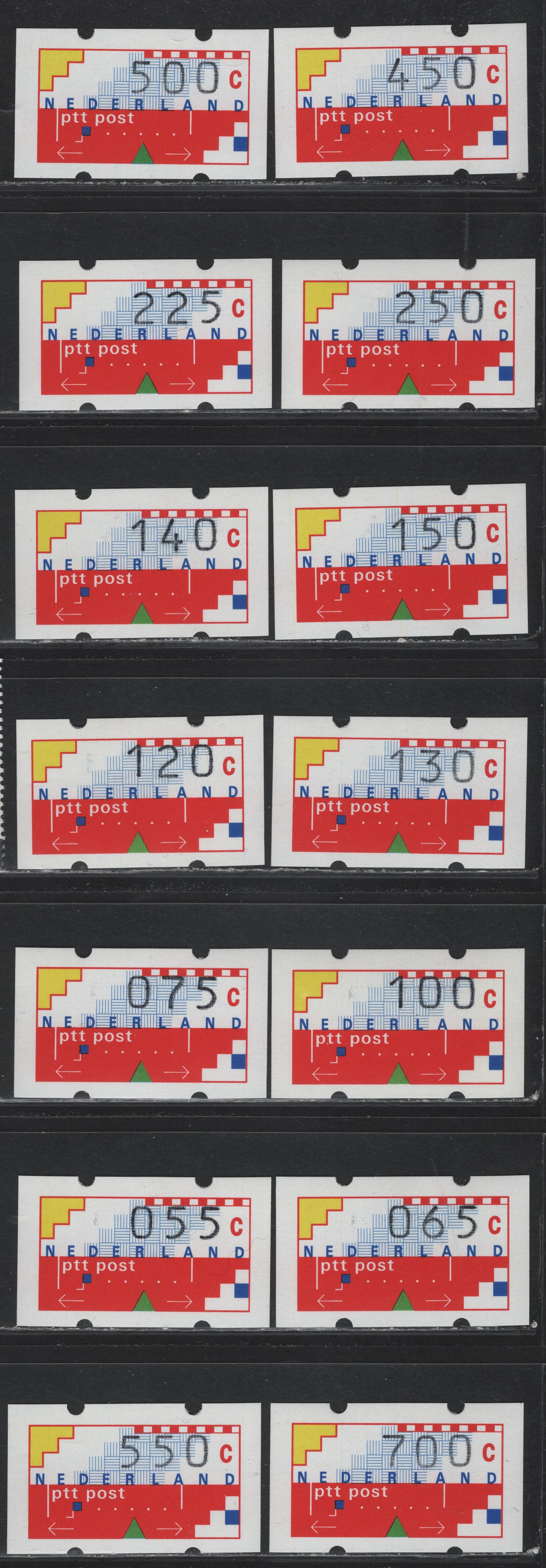 Lot 153 Netherlands Michel#1 (Unlisted) 65c - 700c (7gld) Multicolored , 1989 Automatic Postage Labels, 14 VFNH Singles, Total Face Value Is 35.10g