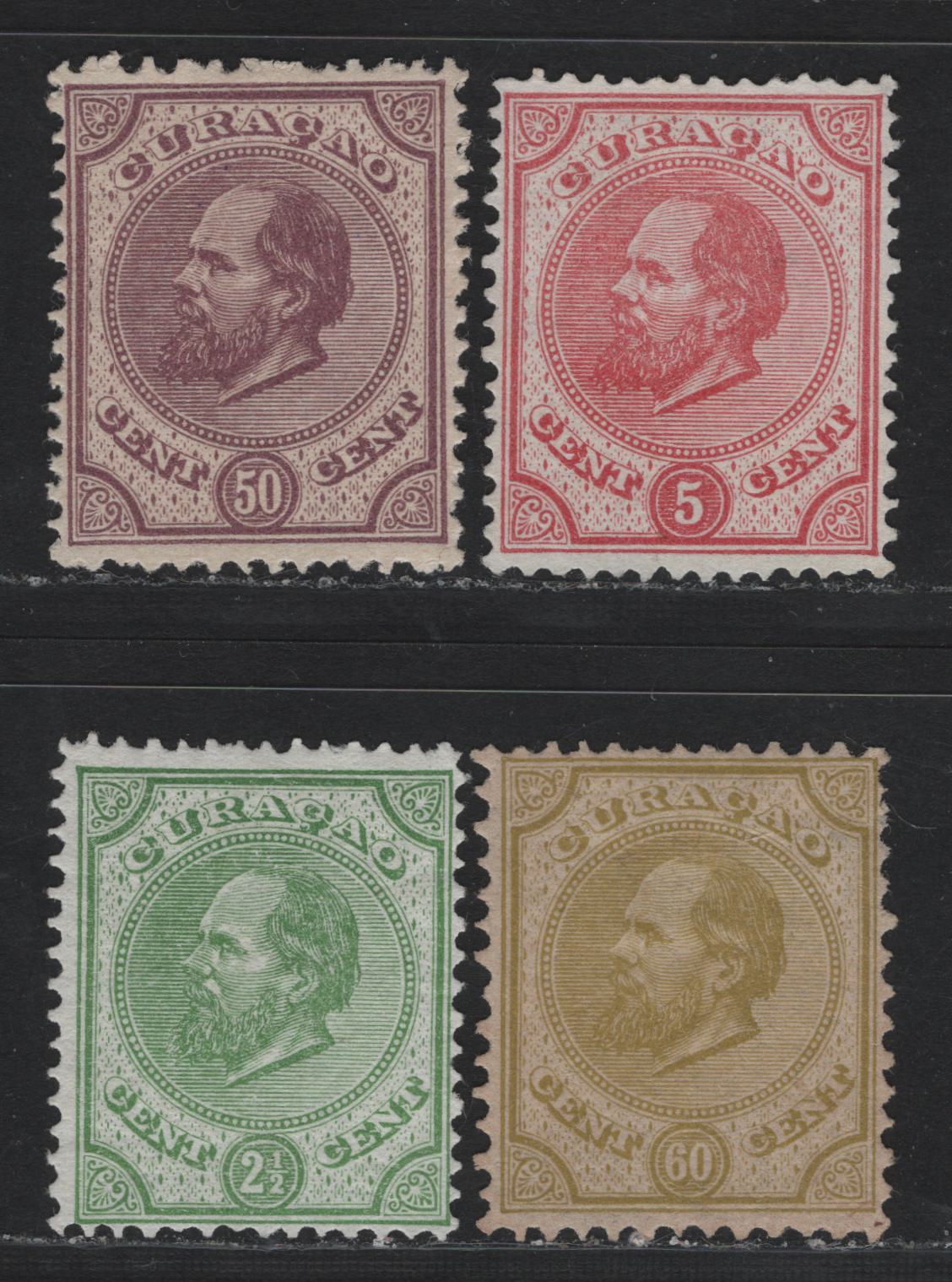 Lot 155 Netherlands Antilles SC#1, 3, 6, 11 2.5c - 60c Green - Olive Bistre , 1873-1889 King William III Sidefaces Issue, 4 Fine/Very Fine Unused Singles, Perfs 12.5x12 (60c), 13.5 (2.5c) and 13.5x13 (5c and 50c), No Gum As Issued