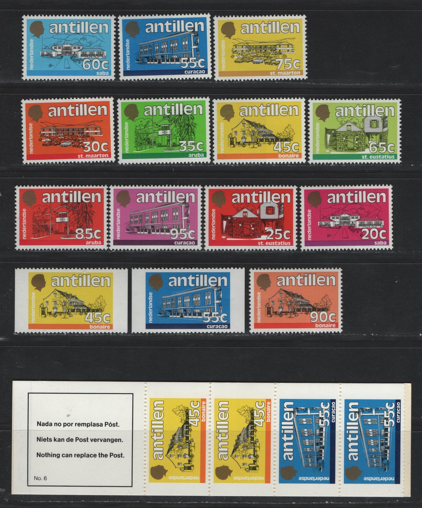 Lot 179 Netherlands Antilles SC#499-504,b, 515-520 20c - 95c Saba - Curacao , 1983-1984 Gov't Building Issue, 15 VFNH Singles & Complete Booklet, First Two Sets Of Singles, Including Coils & A Complete Booklet