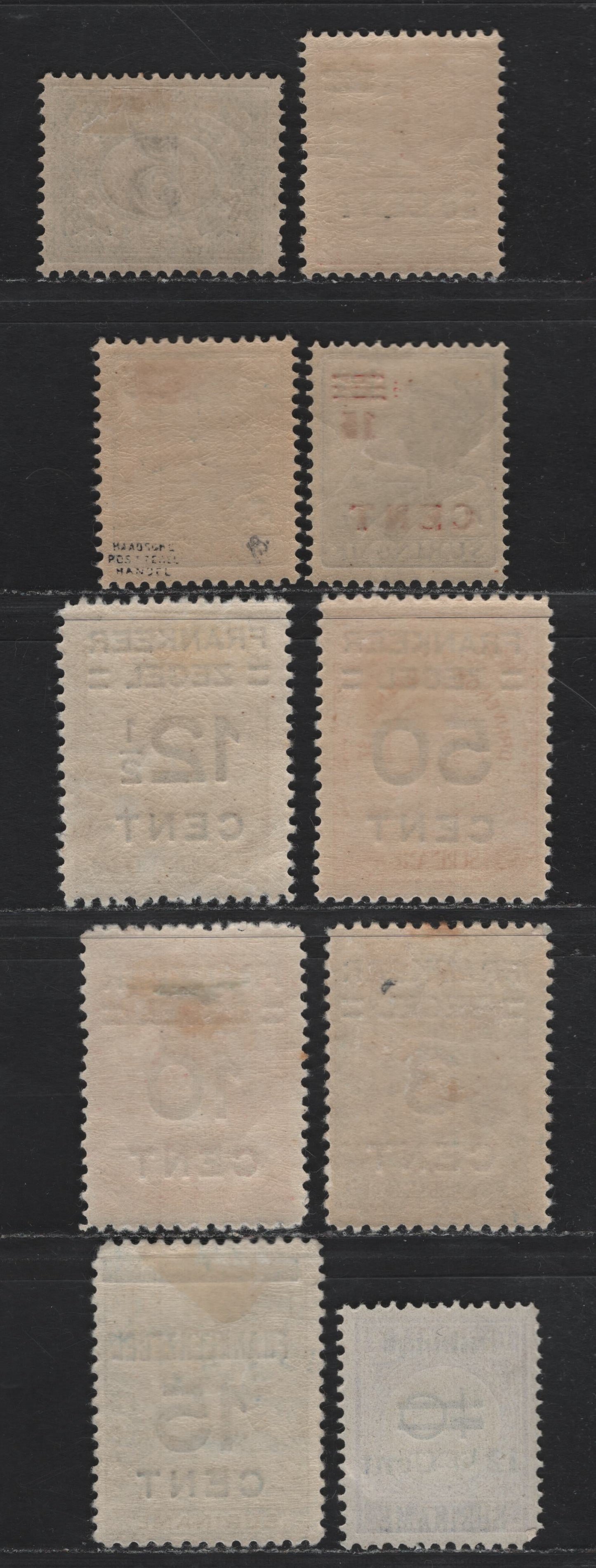 Lot 258 Surinam SC#116-119, 121, 132-135, 138 3c on 5c - 12.5c on 40c Green - Lilac & Black , 1925-1927 Surcharge Issue, 10 F/VFOG & Unused Singles, #131 Has No Gum As Issued