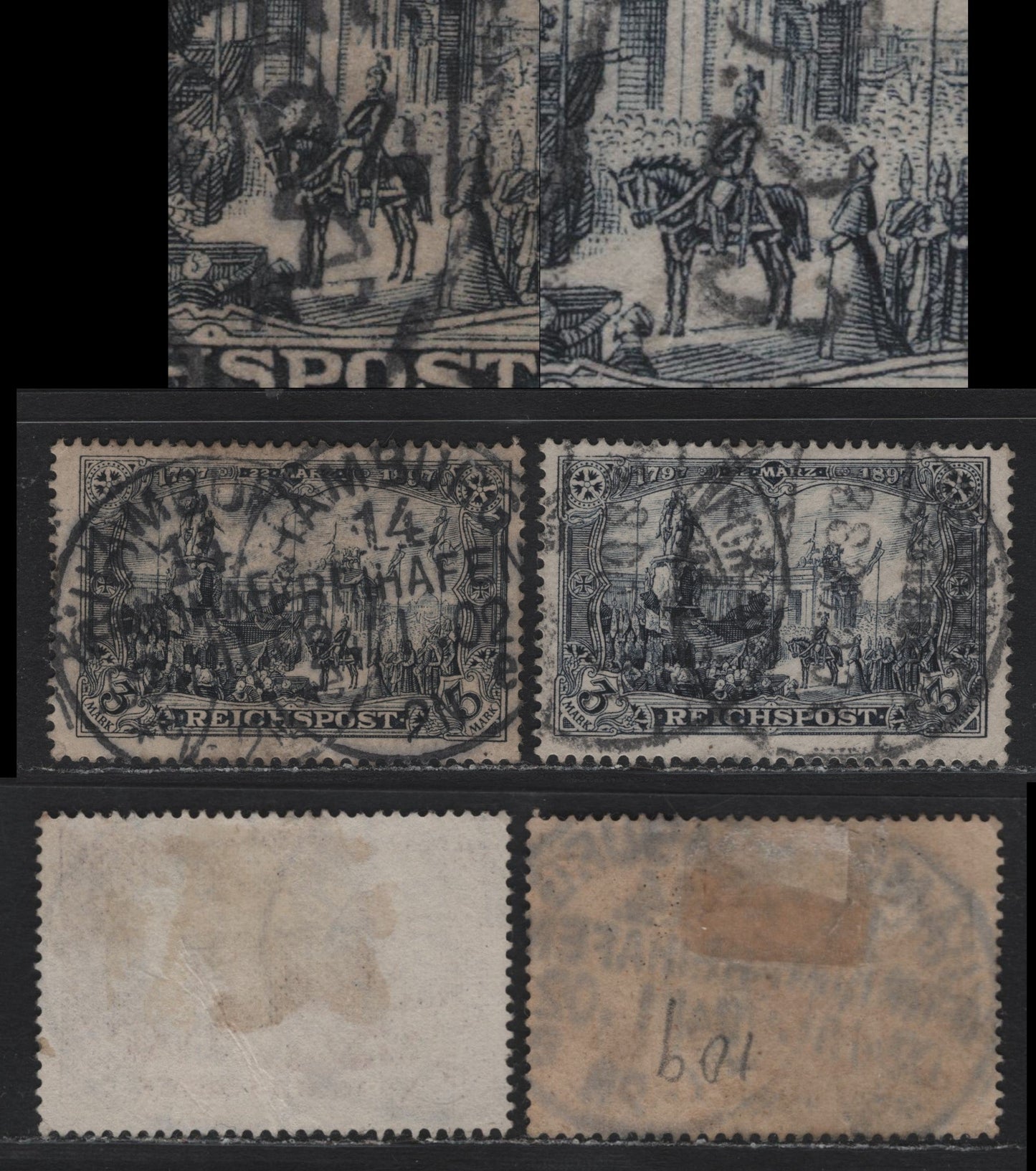Lot 118 Germany SC#64,a 3m Black Violet, 1900 Reichpost Germania Issues, 2 Very Good/Fine Used Singles, Types 1 & 2