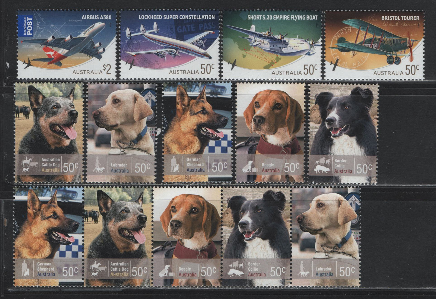 Lot 240 Australia SC#2874-2878a, 2907-2910 50c - $2 Multicolored , 2008 Working Dogs - Aircraft Issues, 10 VFNH Singles & Horiz Strip of 5