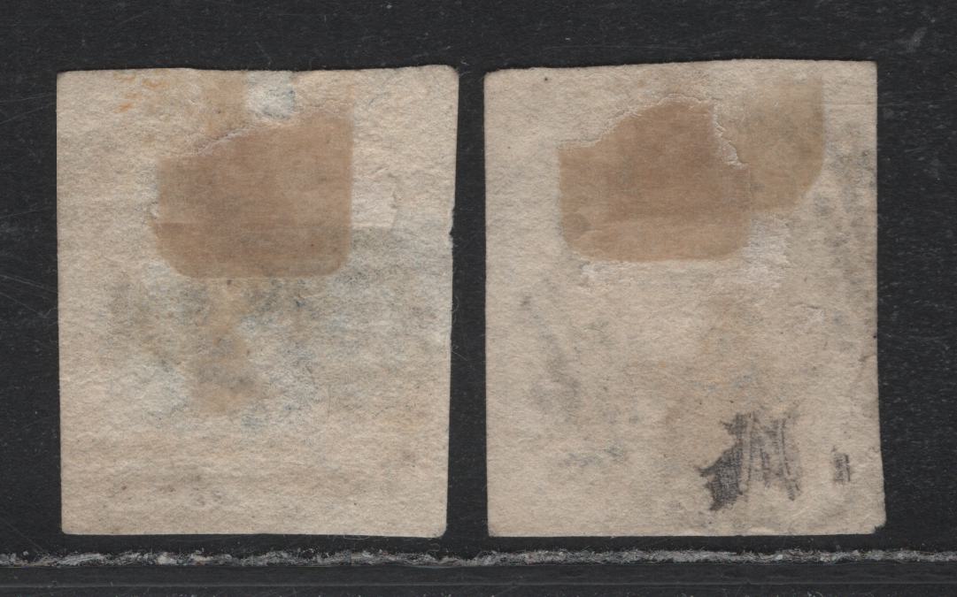 Lot 251A Belgium SC#6a, 7 10c -20c Dark Brown - Blue , 1851-1854 King Leopold I Issue, 2 Fine Used Singles, Horizontal Ribbed Paper on 10c, 20c Faulty and Not Counted, 10c Has 4 Margins That Are Full On 2 Sides & Close On 2 Sides