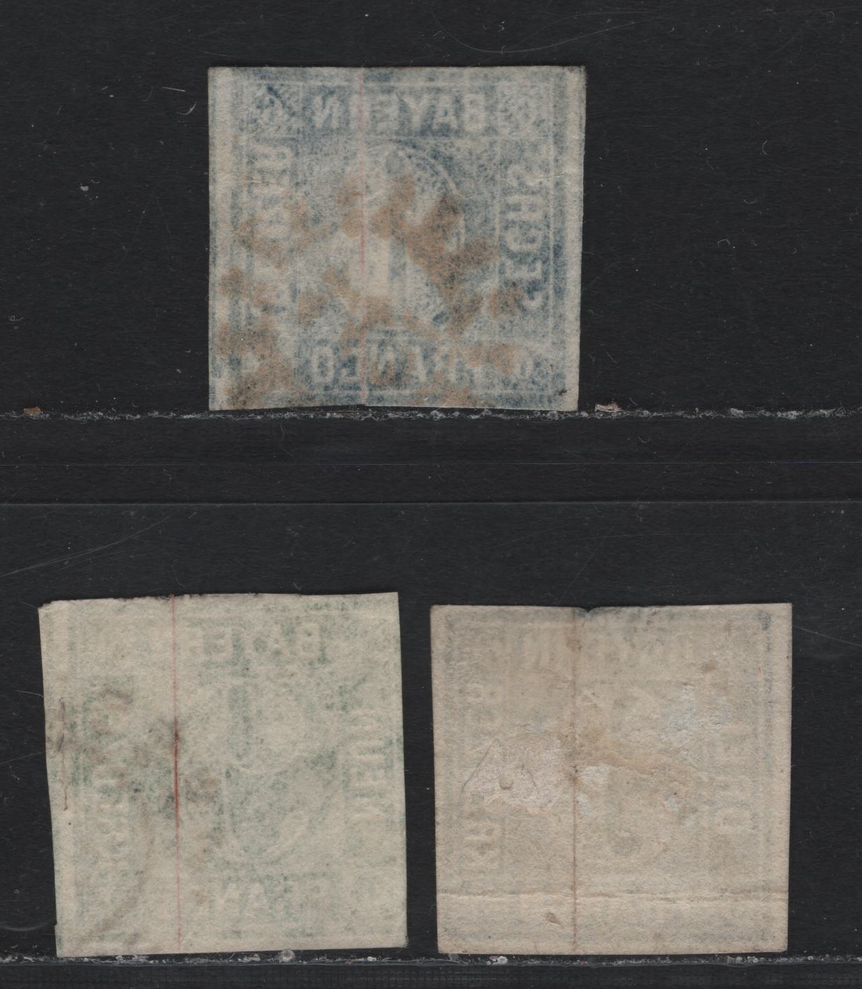 Lot 3 Bavaria SC#2, 6b, 11a (Michel# 2II2, 5fIII, 10a) 3kr - 6kr Blue , 1849-1858 Numeral Issue, 3 Very Good/Fine Used Singles, 3kr Is Plate 2, 6kr Has #142 Closed Millwheel Cancel For Fussen