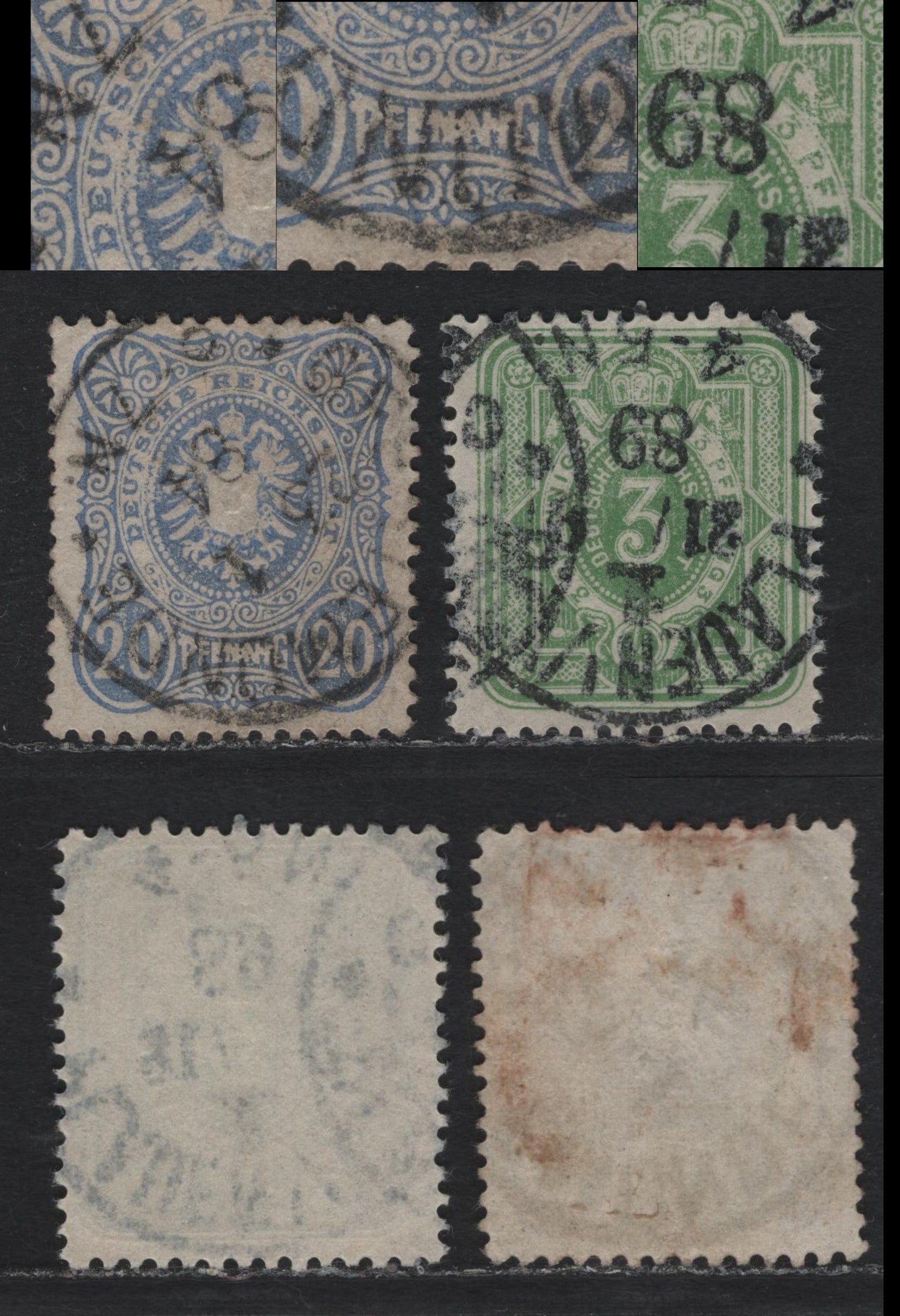 Lot 97 Germany SC#37, 40 3pf - 20pf Yellow Green - Grayish Ultramarine , 1880 Numeral & Embossed 'Este' Issue With Pfenning, 2 Fine/Very Fine Used Singles, Showing Unlisted Printing Flaws Due To Poor Inking, Unlisted In Michel