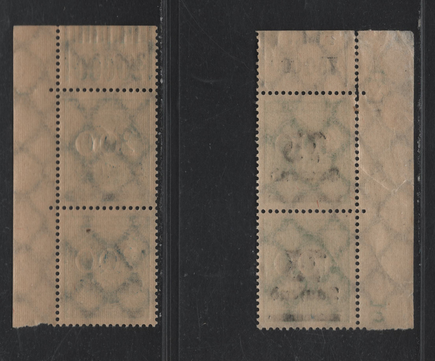 Lot 154 Germany SC#249, 251 30th on 200m -75th on 400m Pale Blue - Green , 1923 Numeral & Surcharged Issues, 2 VFNH UL & UR Sheet Margin Pairs, Perforation Row Numbers & Value Counters, Some Perf Separation On 75th Pair
