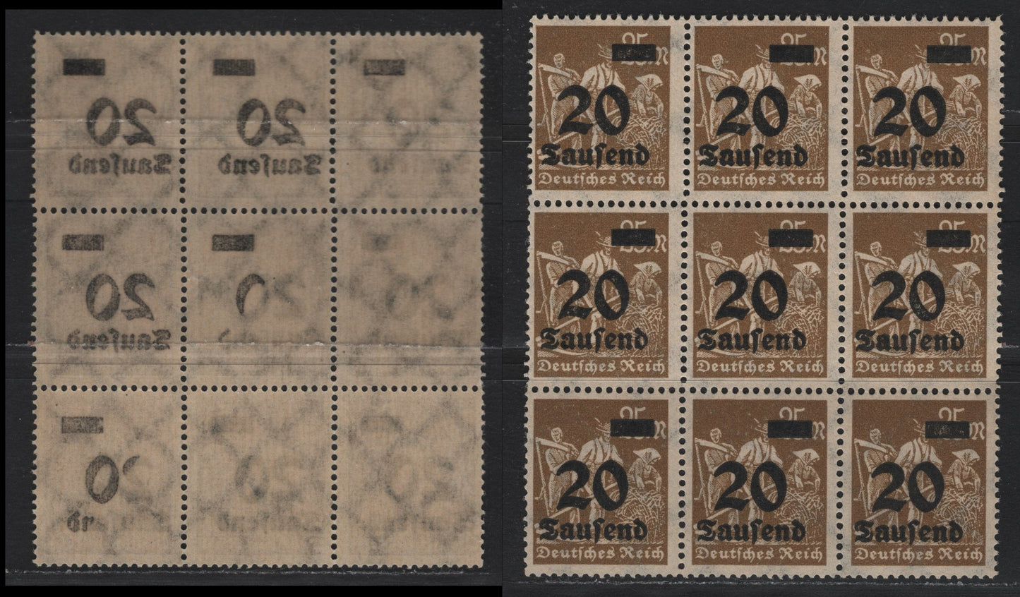 Lot 171 Germany SC#245 (281Ivar) 20th on 25m Olive Brown , 1923 Surcharged Issue, A FNH Block of 9, Full Offset Of Overprint on 3 Stamps & Partial Offset On 3, And No Offset On 3