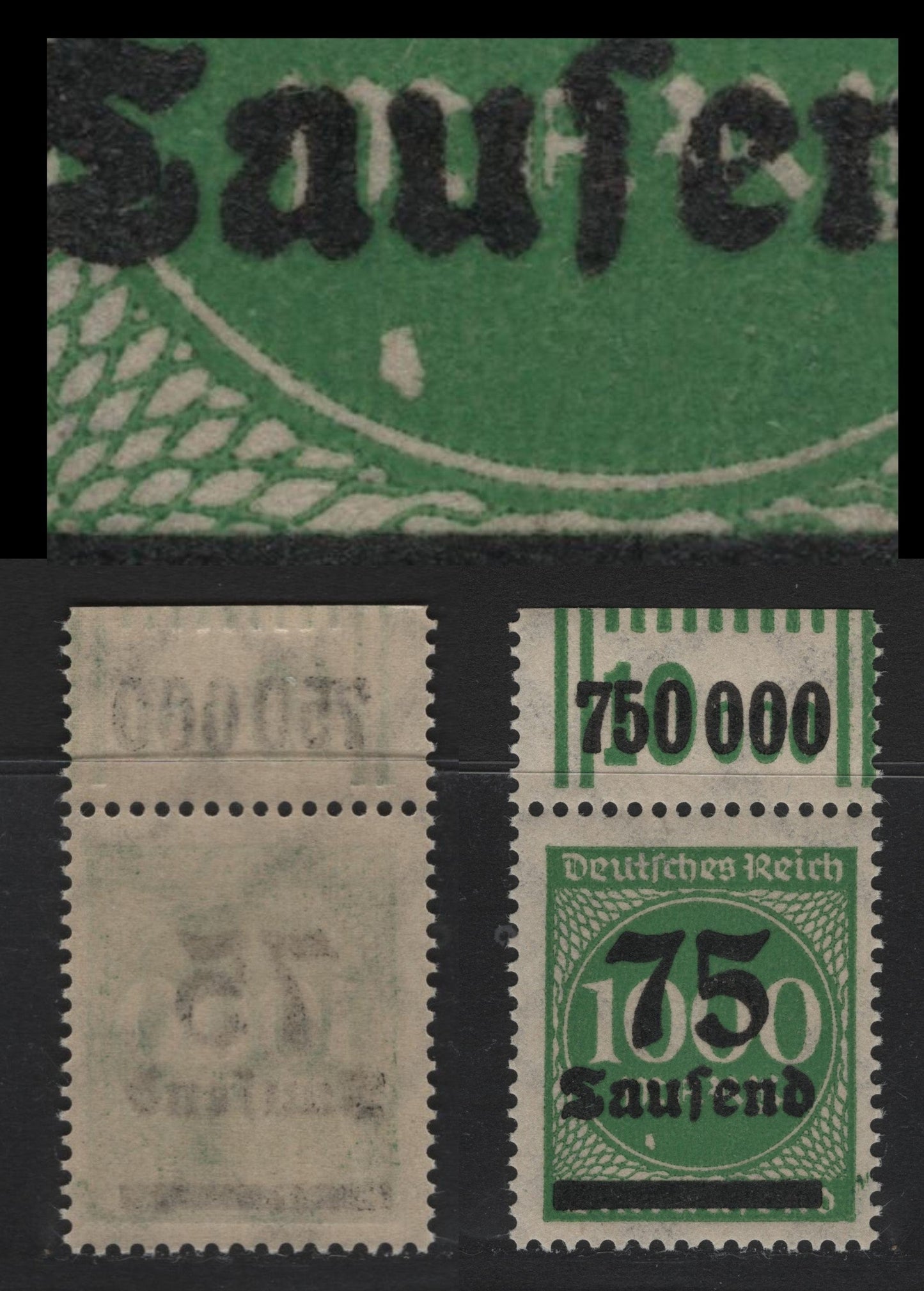 Lot 176 Germany SC#252 (288IIWOR) 75th on 1000m Deep Yellow Gren , 1923 Surcharged Issue, A VFNH Top Sheet Margin Singles, Value Counter, Showing White Fleck Under 'Au' of Tausend, 4mm Between Words & Surcharge Bar.