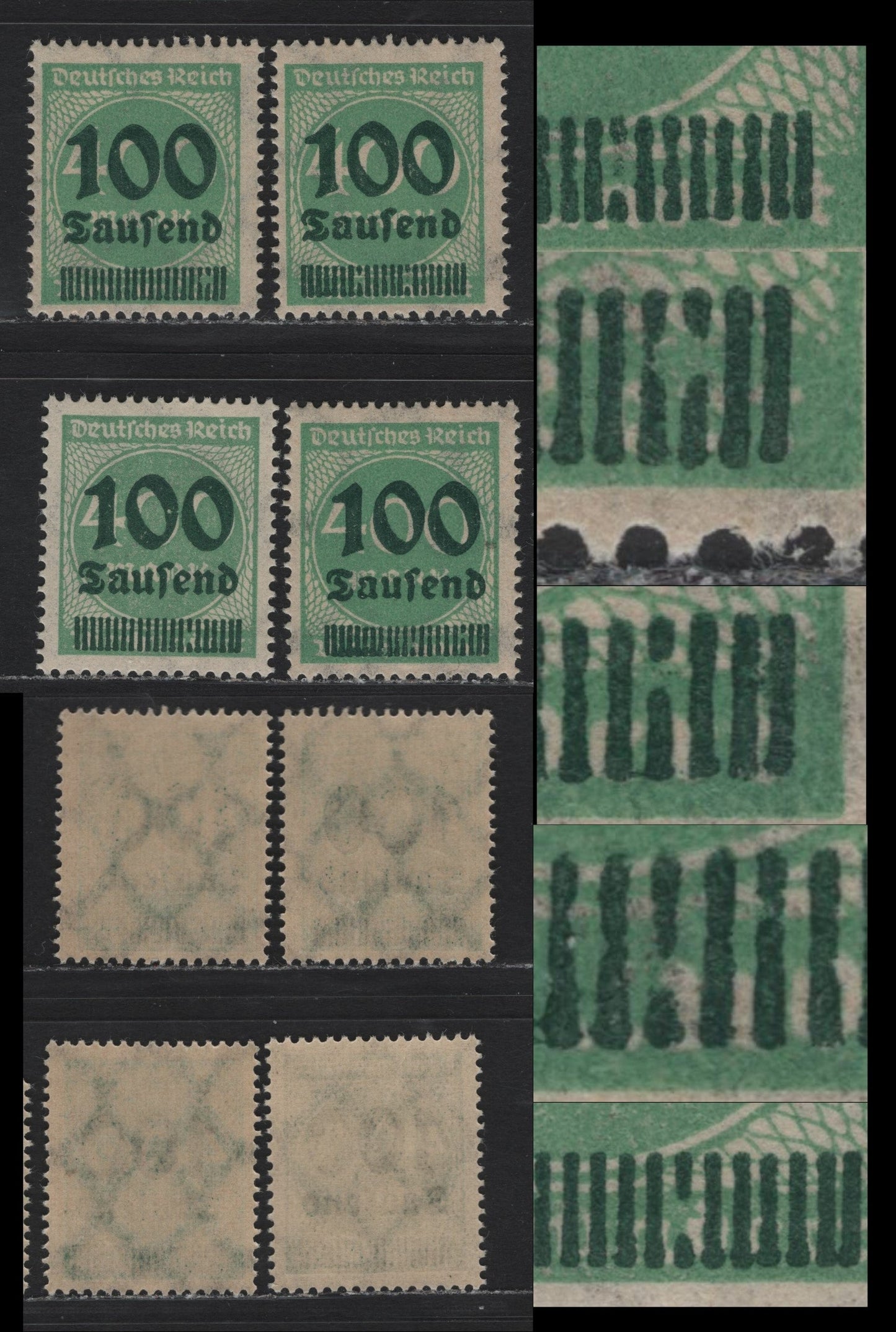 Lot 179 Germany SC#254 (290var) 100th on 400m Pale Green & Deeper Shade , 1923 Surcharged Issue, 4 F/VFNH Singles, Showing Various Breaks In The Vertical Obliterating Bars, With Breaks In Different Locations