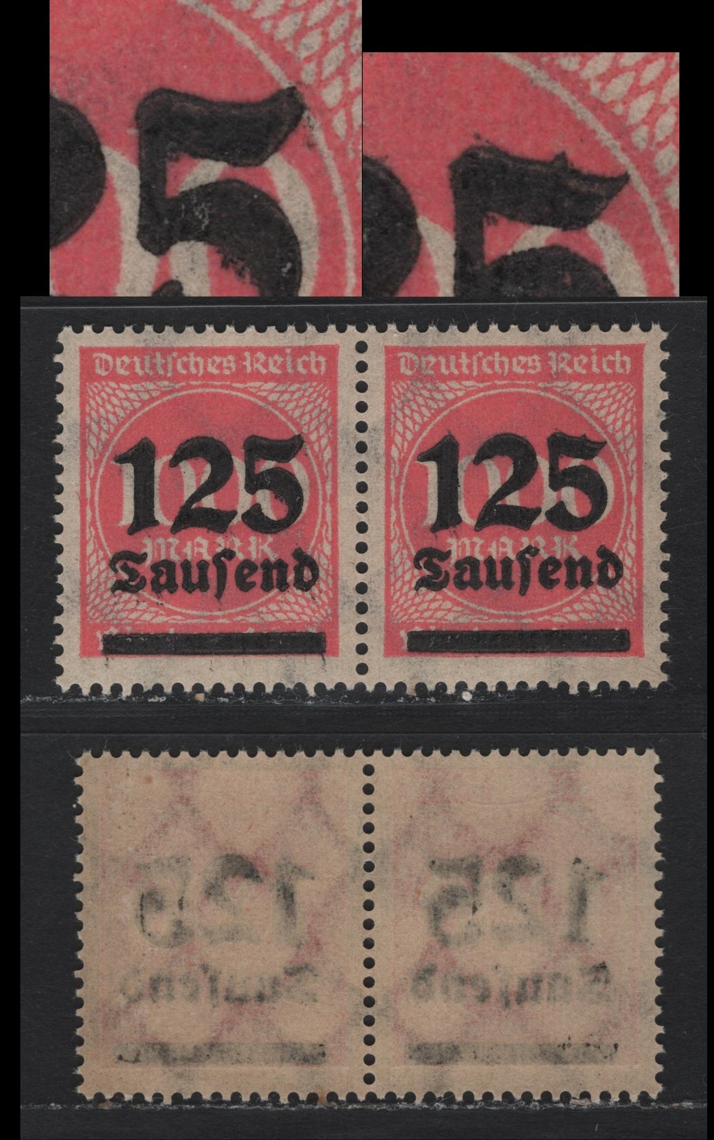 Lot 184 Germany SC#255var (291AFVI) 125th on 1000m Medium Rose , 1923 Surcharged Issue, A VFNH Se-Tenant Pair, Pos. 99-100, Showing Damaged & Angled Flag On '5' of '125'