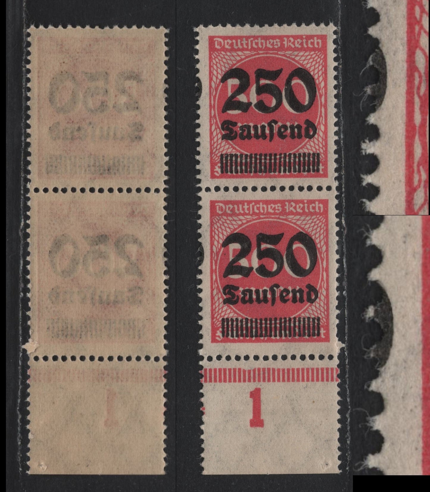 Lot 185 Germany SC#259 (295var) 250th on 500m Deep Rose , 1923 Surcharged Issue, A VFNH Bottom Sheet Margin Pair, Showing Column Numbers, Also Trace of Second Surcharge In left Margin, Unlisted In Michel.