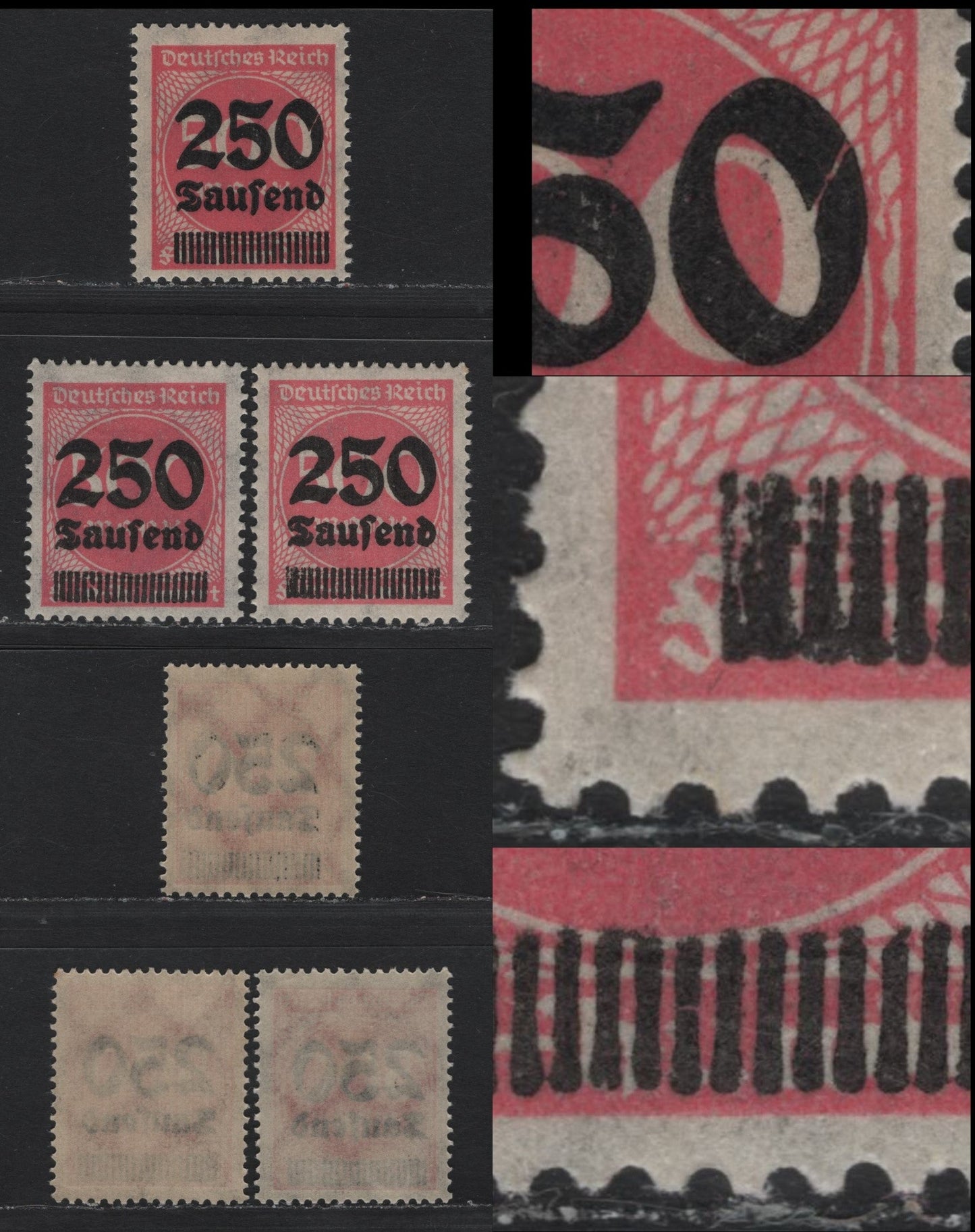 Lot 186 Germany SC#259var (295var) 250th on 500m Deep Rose , 1923 Surcharged Issue, 3 F/VFNH Singles, Split 'O' In 250, Joined Bars Of Surcharge & 6th Bar Broken In Middle, None Listed In Michel.