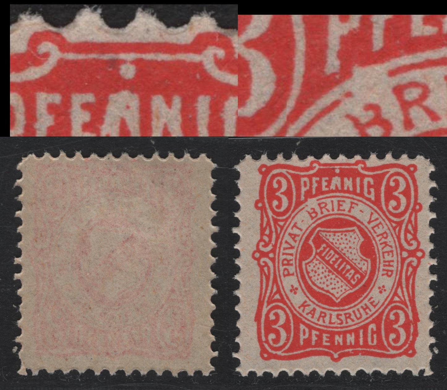 Lot 240 Germany - Karlsruhe (C) SC# 3pf Vermillion , 1887 Fidelitas Private Post Local Issue, A FNH Single, Showing A over N of Pfenning & Frame Break Above BR of Brief