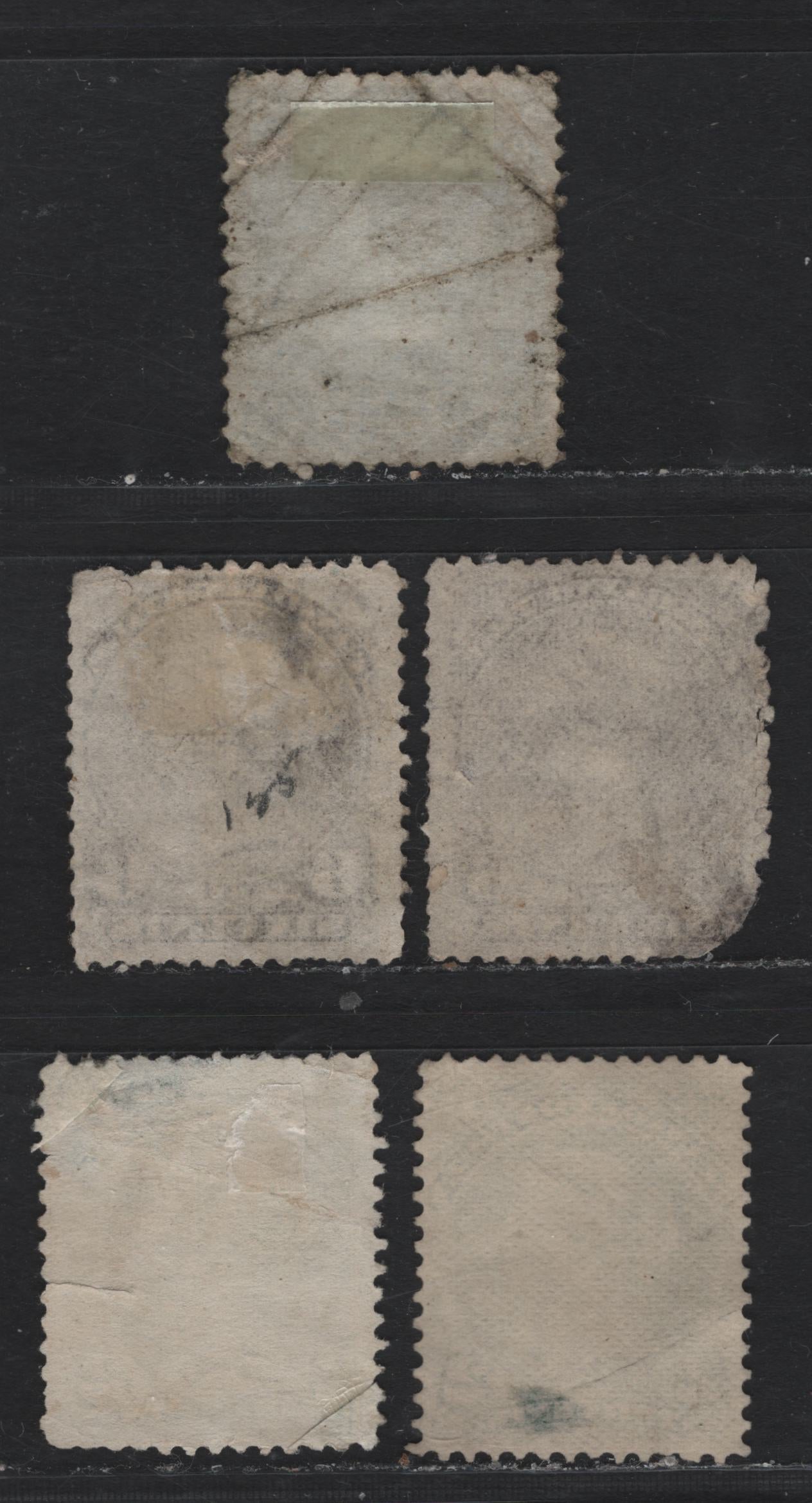 Lot 41 Canada #24i,ii, 27f,v, 28 2c - 6c Blue Green - Blue , 1868-1876 Large Queen Issue, 5 Ungraded Used Singles, Various Papers, Unidentified, All With Small To Sever Faults, Such As Creases & Tears.