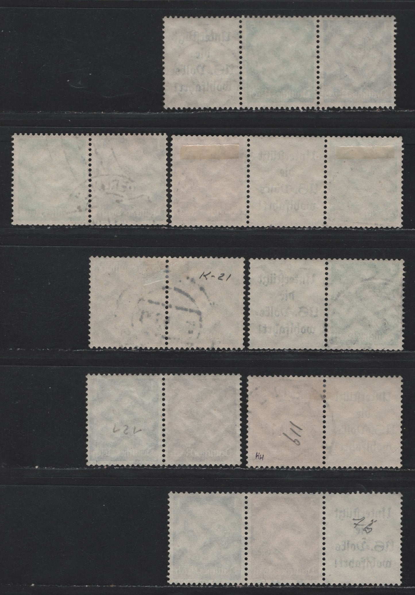 Lot 109 Germany SC#415-416, 418 (K21, W71-77) 1pf - 5pf Black - Emerald Green , 1933-1936 Hindenberg Issue, 8 Fine/Very Fine Used Coil Pairs & Strips, W77 Has A Vertical Crease