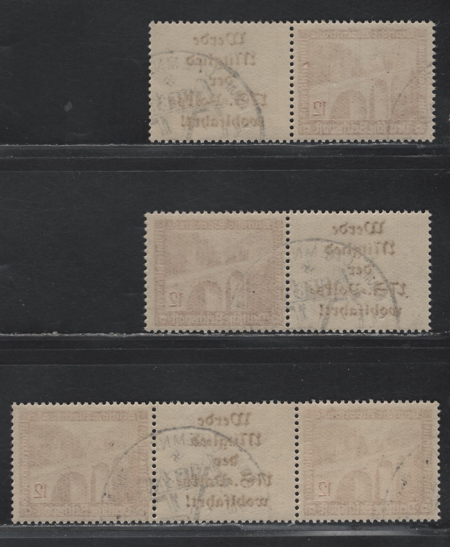 Lot 132 Germany SC#B98 12pf+6pf Brown Carmine , 1936 Architecture Semi Postal Issue, 3 Fine/Very Fine Used Horizontal S-L Booklet Pairs & S-L-S Booklet Strip, CTO With Full NH Gum