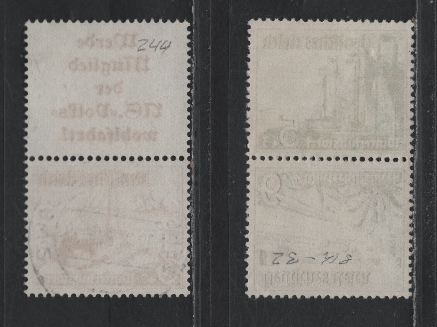 Lot 135 Germany SC#B107, 109-B110 (S244, SK32) 3pf+2pf - 6pf+4pf Brown - Dark Green , 1937 Ships Semi Postal Issue, 2 Very Fine Used L-S Booklet Pair & Tete-Beche Booklet Pair