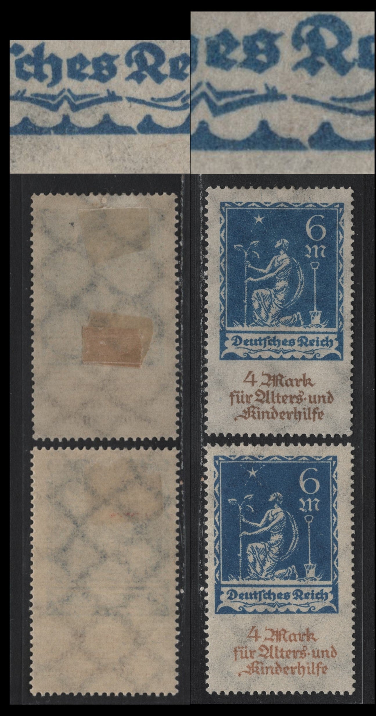 Lot 235 Germany SC#B3var (233var) 6m+4m Ultramarine & Brown , 1922 Planting Charity Semi Postal Issue, 2 F/VFOG Singles, Different Shades, Each Showing A Constant Frame Breaks Under SR of Deutches Reich & Break In Scroll Ornament At The Same Location