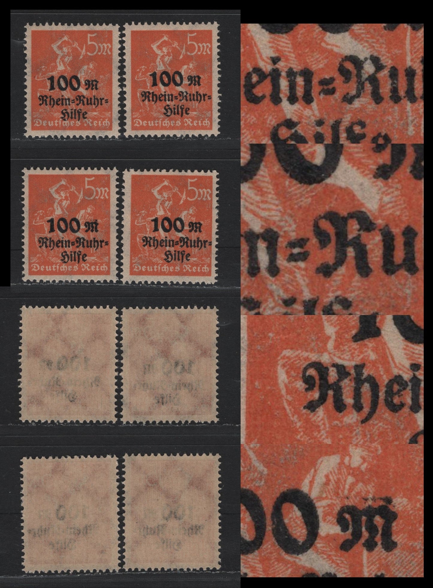 Lot 239 Germany SC#B5 (258) 5m+100m Orange , 1923 Rhine-Ruhr Semi Postal Overprinted Issue, 4 VFNH Singles, All Showing Unlisted Overprint Varieties