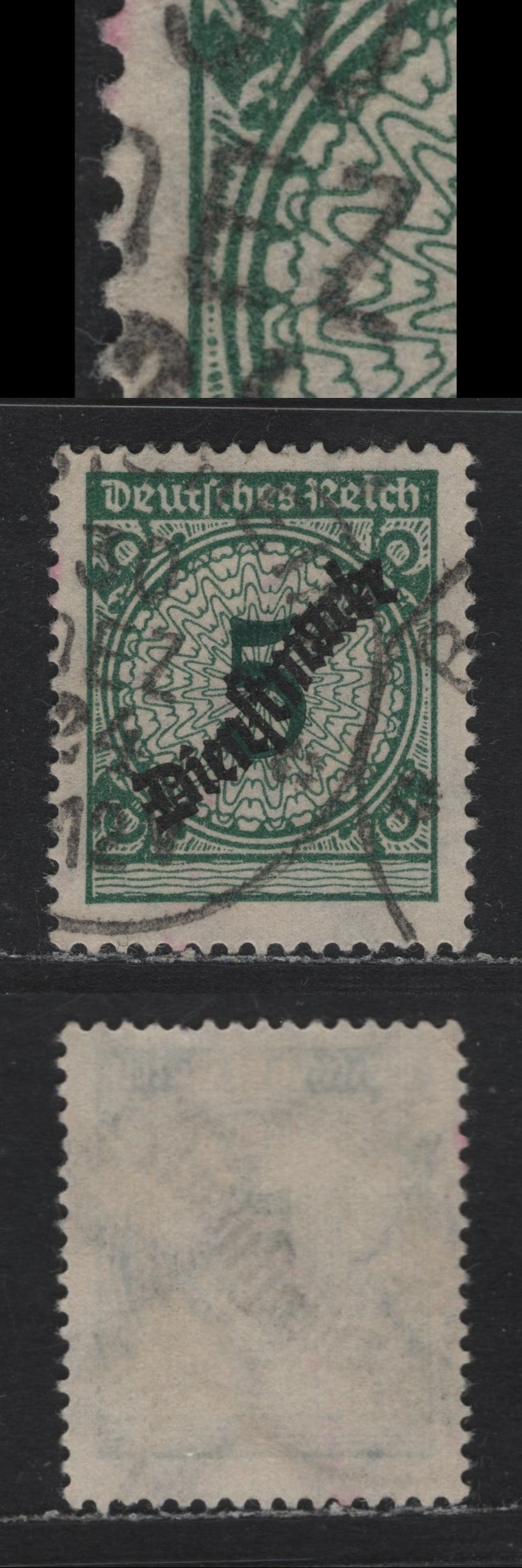 Lot 270 Germany SC#O48 (100Pa-100Pb) 5pf Dark Green - Blackish Opal Green , 1924 Rentenpfening Rosette Issue, A Very Fine Used Singles, Flat Plate Printings, Showing Break In Rosette (Sprung) In Michel