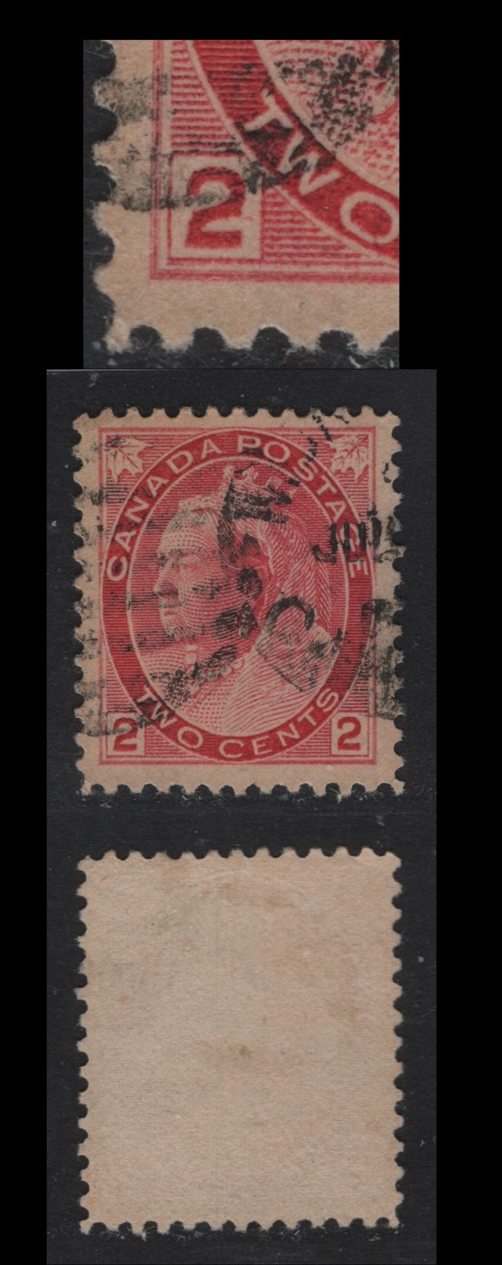 Lot 107 Canada #77var 2c Carmine Red Queen Victoria, 1898-1902 Numeral Issue, A Very Fine Used Single, ABN-MM Paper, Perf 12, Showing Doubling On LL Numeral Box and '2'.