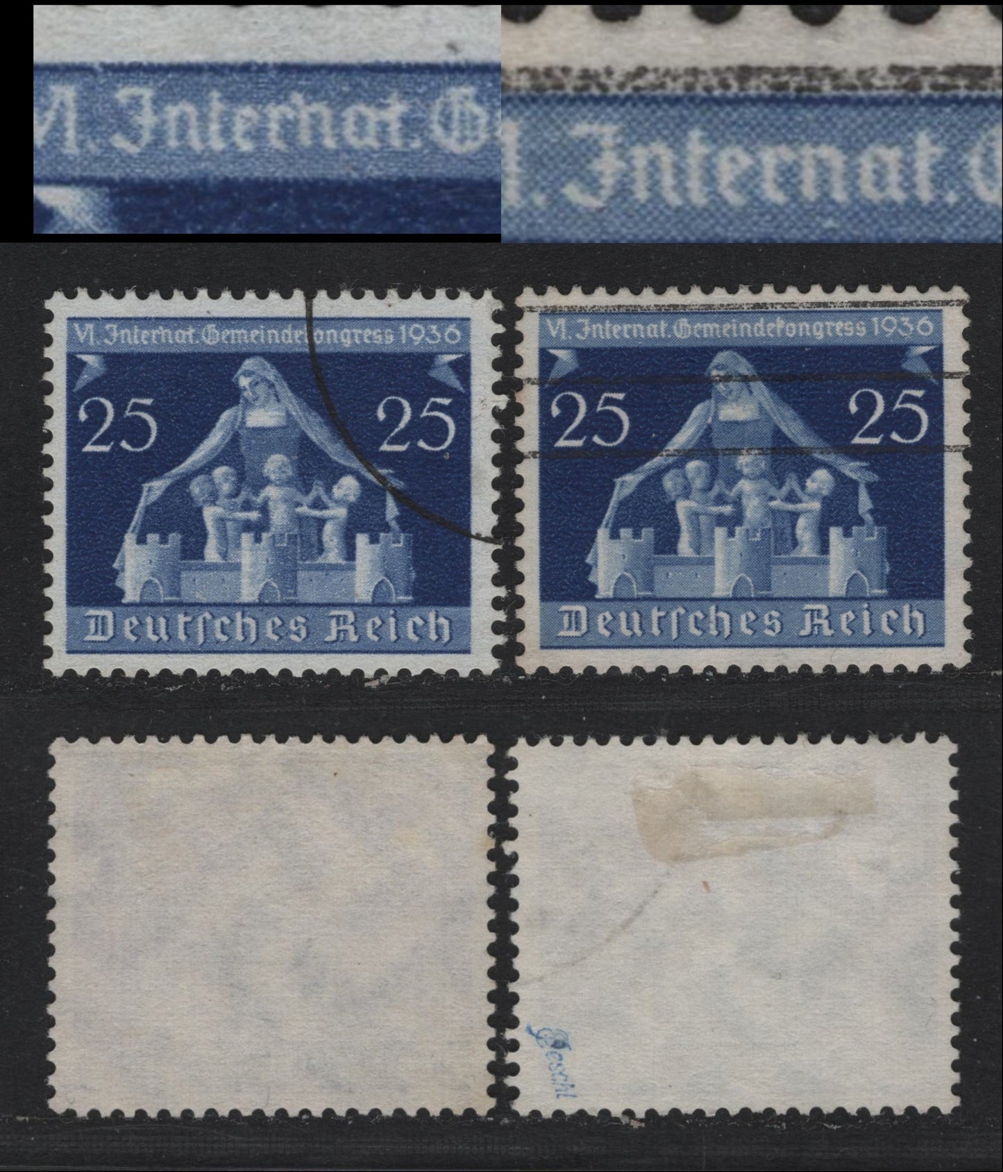 Lot 181 Germany SC#476 &var (620, 620I) 25pf Dark Ultramarine , 1936 6th International of Municipalities, 2 Very Fine Used Singles, Interhat Instead of 'Interrat' From Pos. 70