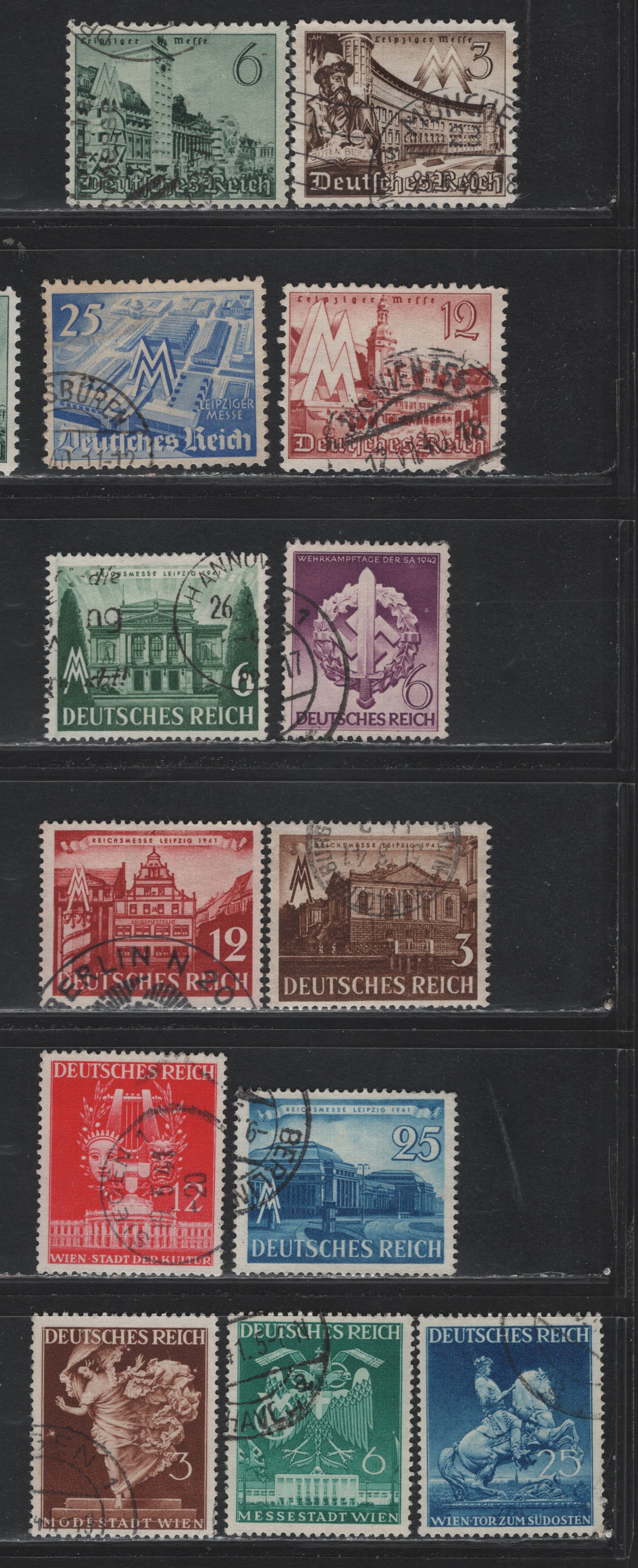 Lot 13 Germany SC#494-505 528 (739/818) 3pf - 6pf Dark Brown - Purple, 1940-1942 Leipzig Fair - War Effort Day Issues, 13 Fine/Very Fine Used Singles, As Lot 311 But Used