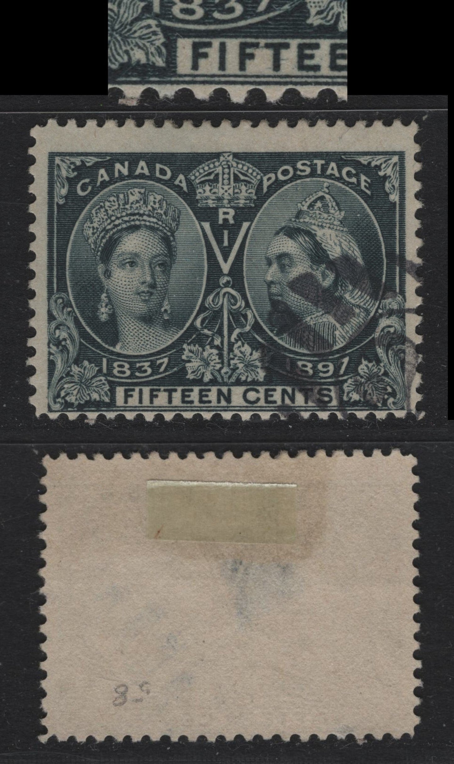 Lot 62 Canada #58 15c Blue Black Queen Victoria, 1897 Diamond Jubilee Issue, A Very Good Used Single, ABN-W Paper, Perf 12x11.9, Shallow Hinge Thin.
