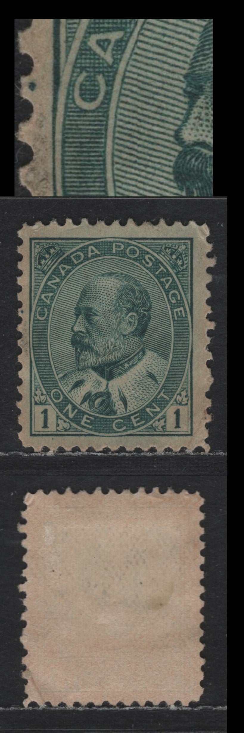 Lot 1 Canada #89iiivar 1c Blue Green, 1903-1908 King Edward VII Issue, A Fine Used Single, ABN-YYYY Paper, Perf 12, Showing Odd Pos. Dot In The Left Margin Opposite The 'C' of Canada.