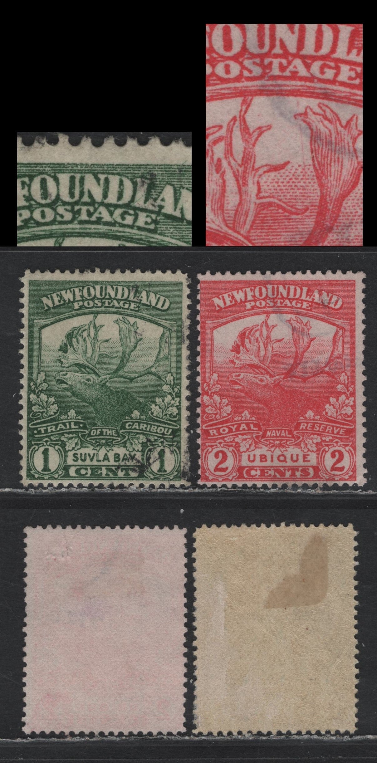 Lot 245 Newfoundland (C) #115, 116 1c - 2c Deep Green - Carmine Rose, 1919 Trail of the Caribou Issue, 2 Fine Used Singles, WM-F Paper, Line Perfs 14 & 14.1x13.9, Showing Place Cracks.